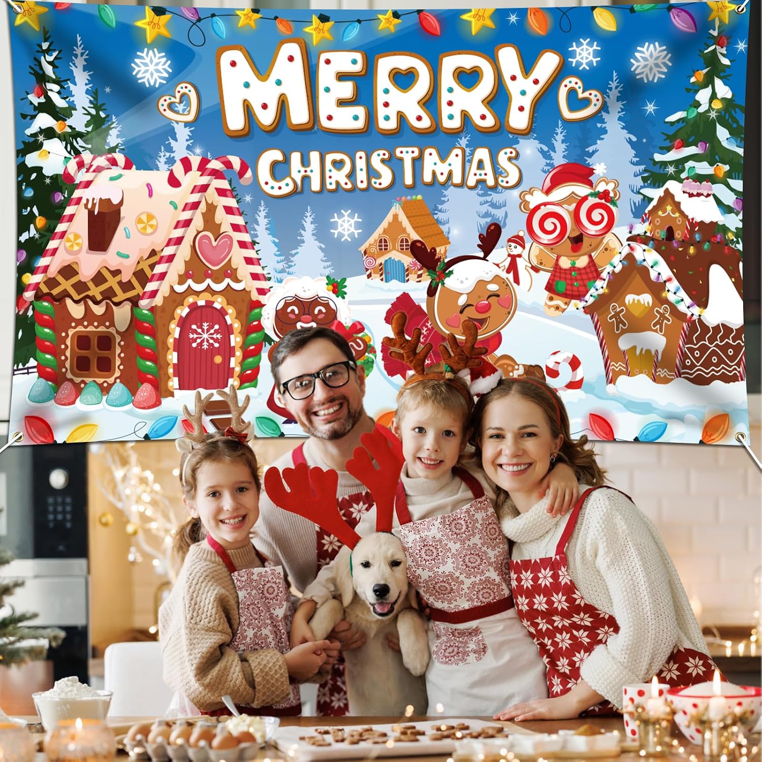 HOWAF Christmas Gingerbread Man Banner, Christmas Decorations Candyland Backdrop, Gingerbread House Photography Background for Xmas Indoor Outdoor Xmas Party Decor