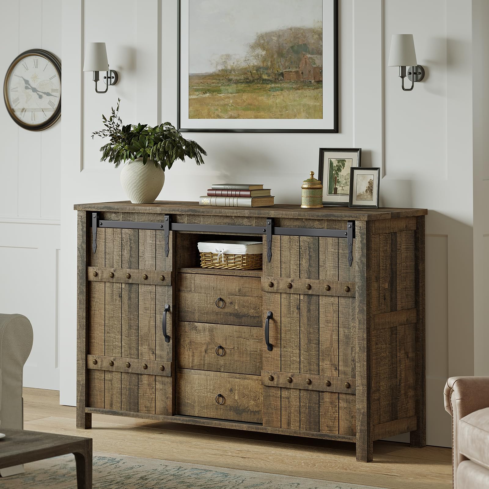 REAHOME Buffet Cabinet with Storage, 48" Sideboard Buffet Cabinet with Sliding Barn Doors & 3 Drawers, Farmhouse Wood Coffee Bar Cabinet Buffet Table for Kitchen, Dining Room, Rustic Brown