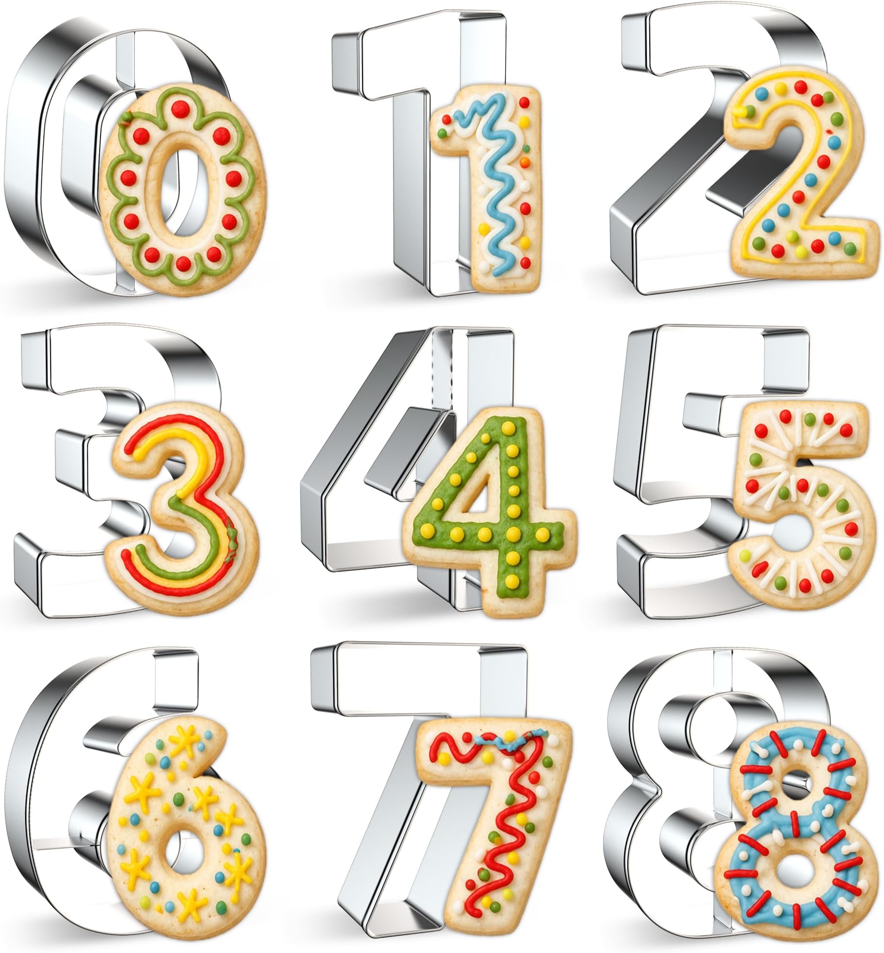 FUSOTO 9PCS Number Cookie Cutters Set, Birthday Numbers 0-8(6 Reverses to 9), Stainless Steel Cookie Cutters for Baking, Number Shaped Baking Tool for Homemaking Biscuits, Cookie, Dough