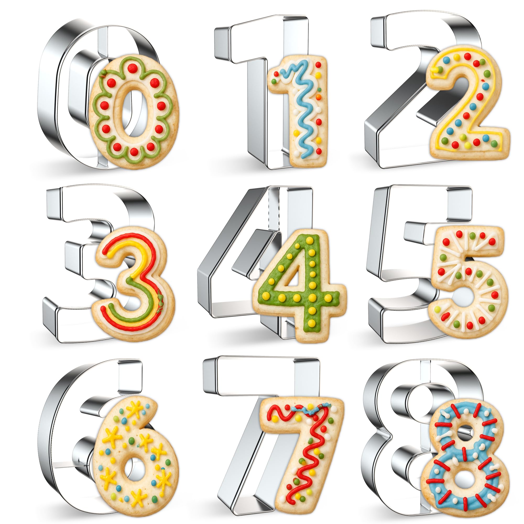 GeekLeaf 9PCS Number Cookie Cutters Set, Birthday Numbers 0-8(6 Reverses to 9), Stainless Steel Cookie Cutters for Baking, Number Shaped Baking Tool for Homemaking Biscuits, Cookie, Dough