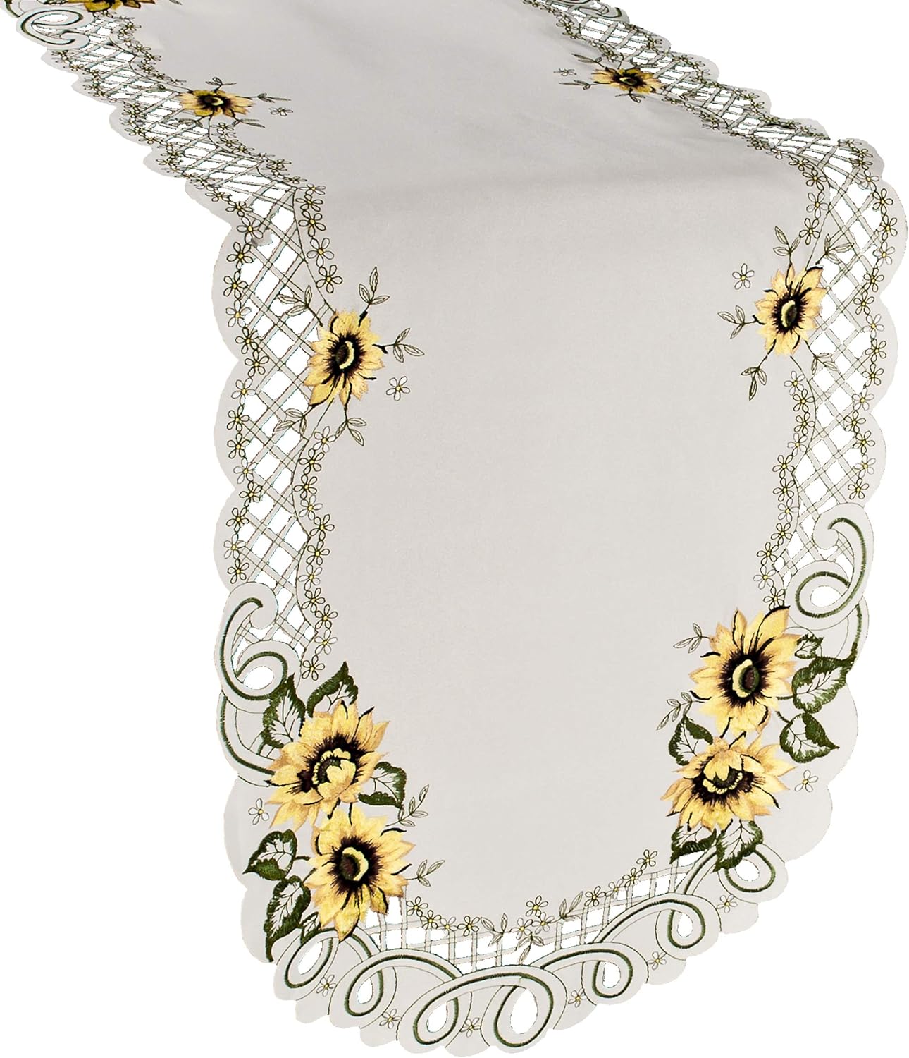 Linens, Art and Things Embroidered Farmhouse Sunflower Table Runner, Dresser Scarf, Coffee Table Runner, Doily (14Wx34L)