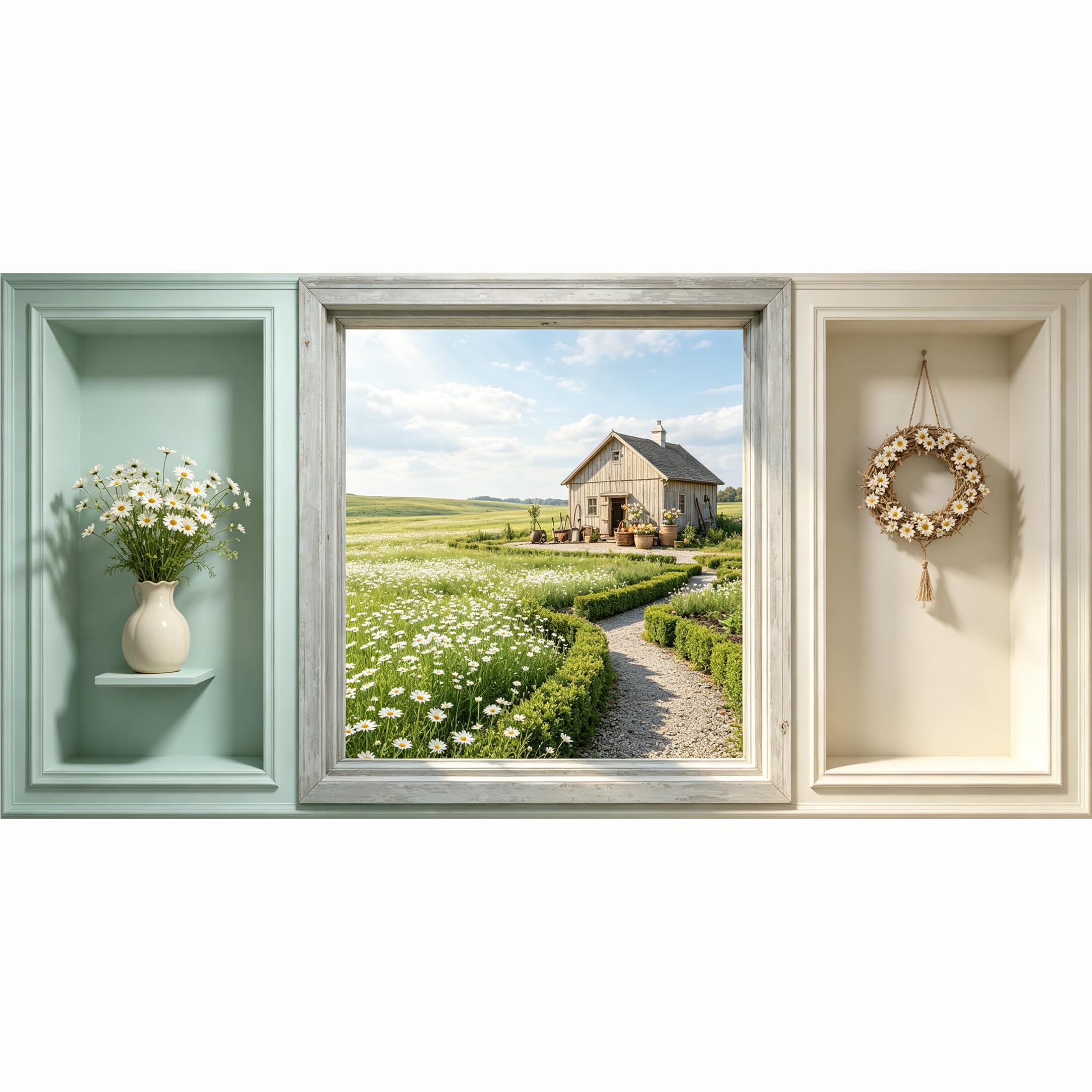QZLITHOTIC 50x100cm 3D Framed Wall Art， Farmhouse Daisy Field Cottage Landscape Self‑Adhesive Mural， Water‑Activated Peel & Stick Fabric Decor Wall Decal for Bedroom Living Room
