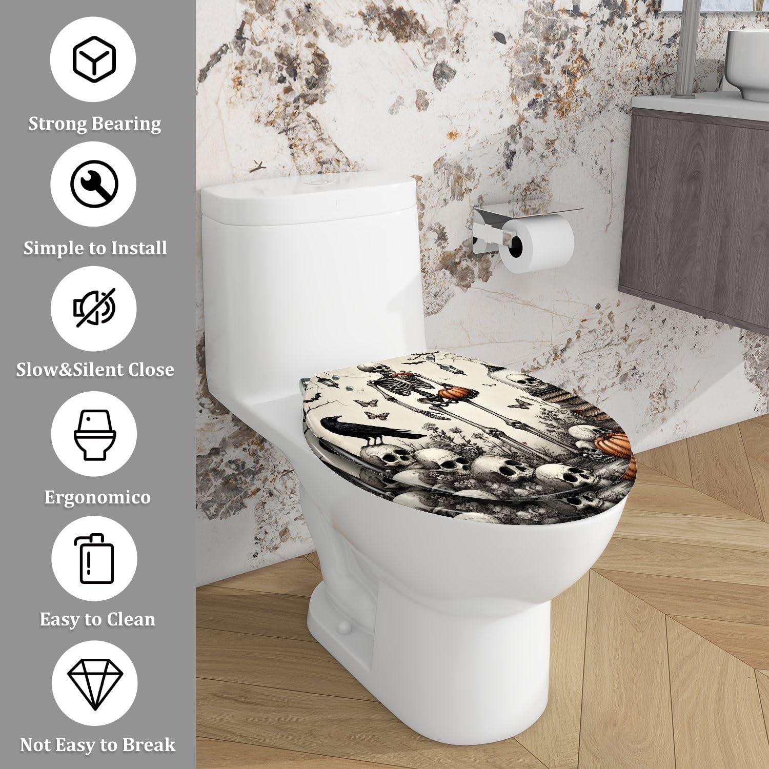 Sedile WC allungato con copriwater, decorazione per il bagno a tema