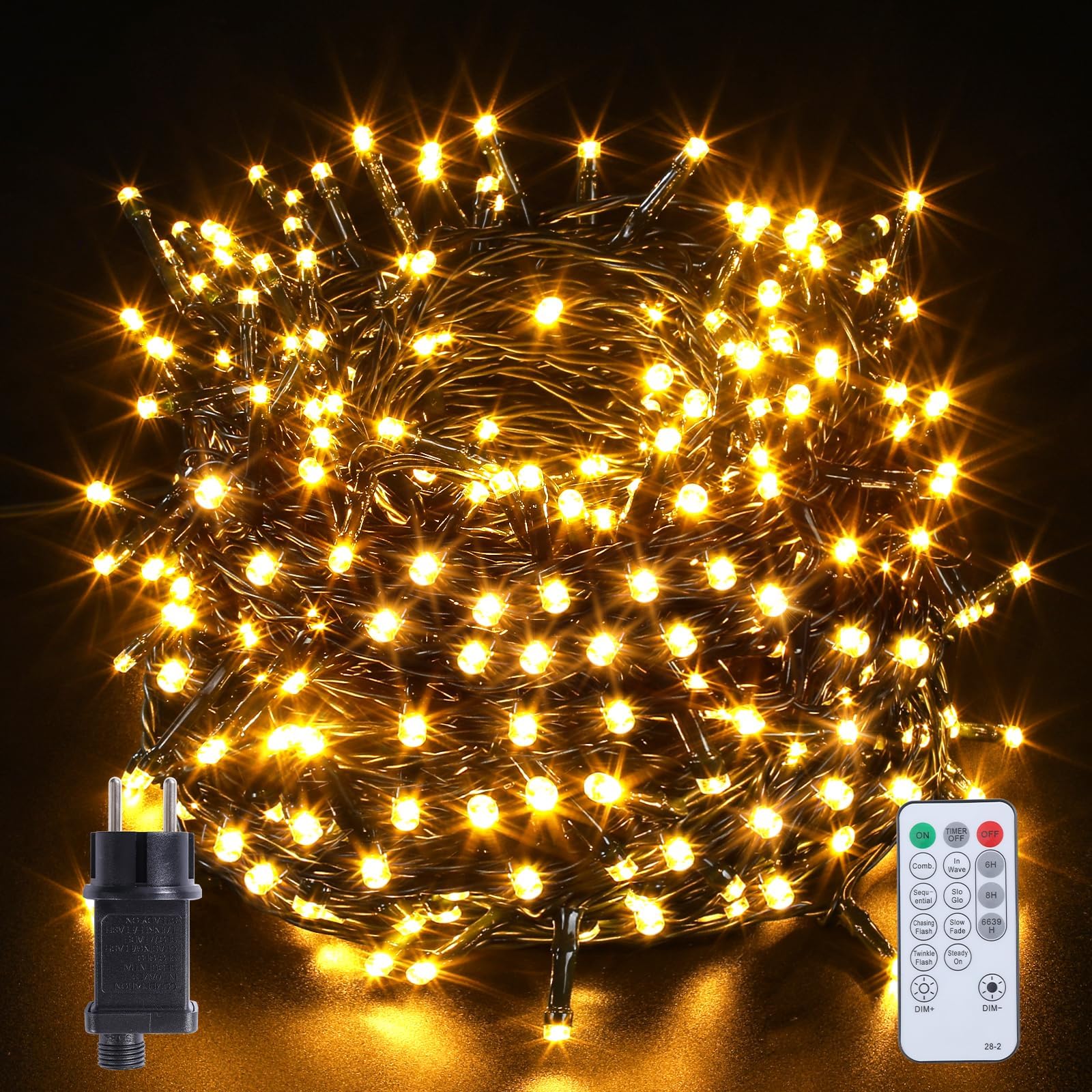 Marchpower Luces Navidad Exterior, Guirnalda Luces Exterior 20M 200LED | Blanco Cálido, Impermeable,Cadena Luces 8 Modos,Función de Memoria Control Remoto para Decoración Fiesta Casa Patio Jardín