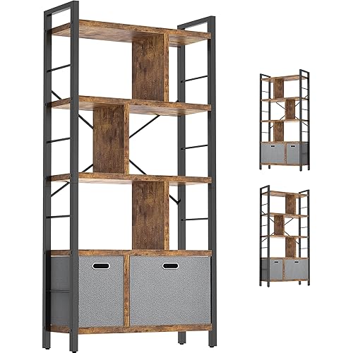 Armocity Bookshelf with Drawers - 5 Tier Tall Bookcase Geometric Modern Book Shelf Display Standing Bookshelves with Storage for Living Room, Bedroom Home Office, Rustic Brown