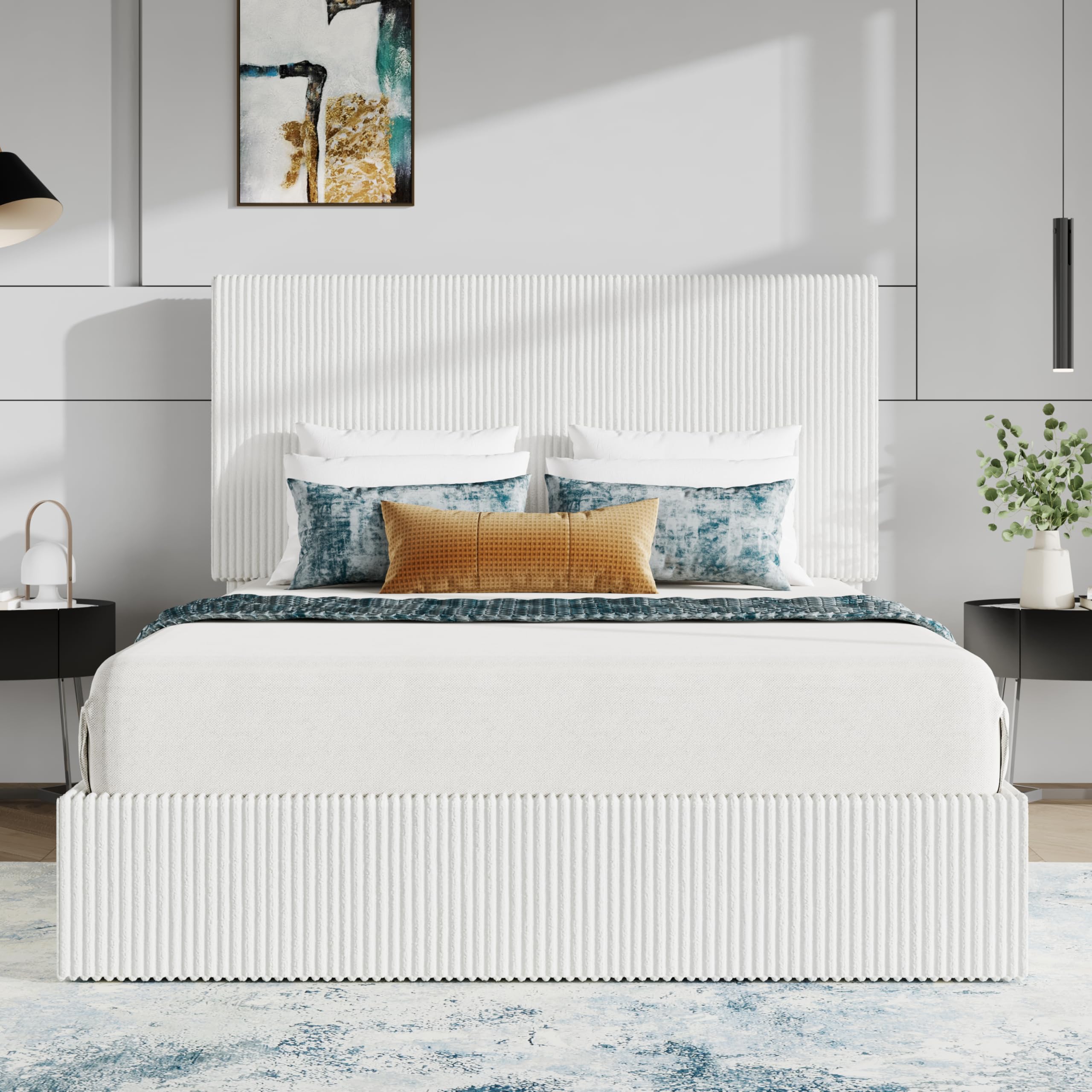 SHA CERLIN Queen Bed Frame, Corduroy Upholstered Platform Bed, Adjustable Vertical Channel Tufted Headboard, Modern Low Profile Frame, No Box Spring