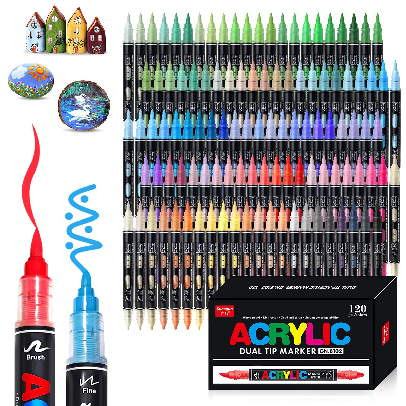 Vakki 120 Acrylstifte für steine wasserfest, Doppelspitze Acrylmarker, 4,0g Mega-Tintenvorrat Acrylic marker Acrylmarker Set Perfekt für Steine Bemalen, Glas, Holz, Keramik, Metall & Leinwand