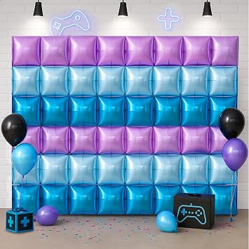 HOMEZZO Video Game Theme Balloon Wall Backdrop - 50 PCS Blue & Purple Double Sided Square Foil Balloons for Gamer Birthday Party Photo Booth Decorations