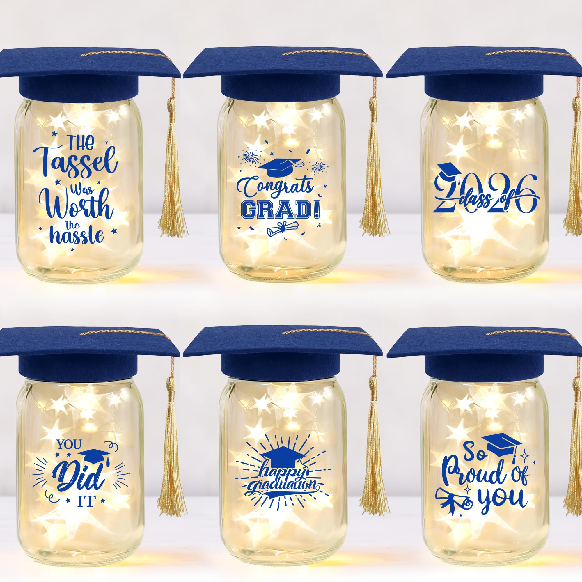 Photo 1 of 12 Sets 2026 Graduation Centerpieces for Tables, Glowing Mason Jar Centerpieces with Graduation Caps, Glowing Money Jars for College High School Congrats Grad Party Decor Supplies (Blue)