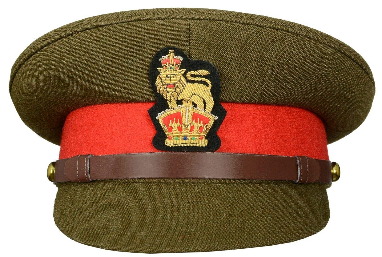 Handembroideryuk Men's Green British Army Officer’s Peaked Cap – General Staff Military Hat With Lion & Crown Badge | Olive Uniform Cap For Service Dress Or Theatre Use