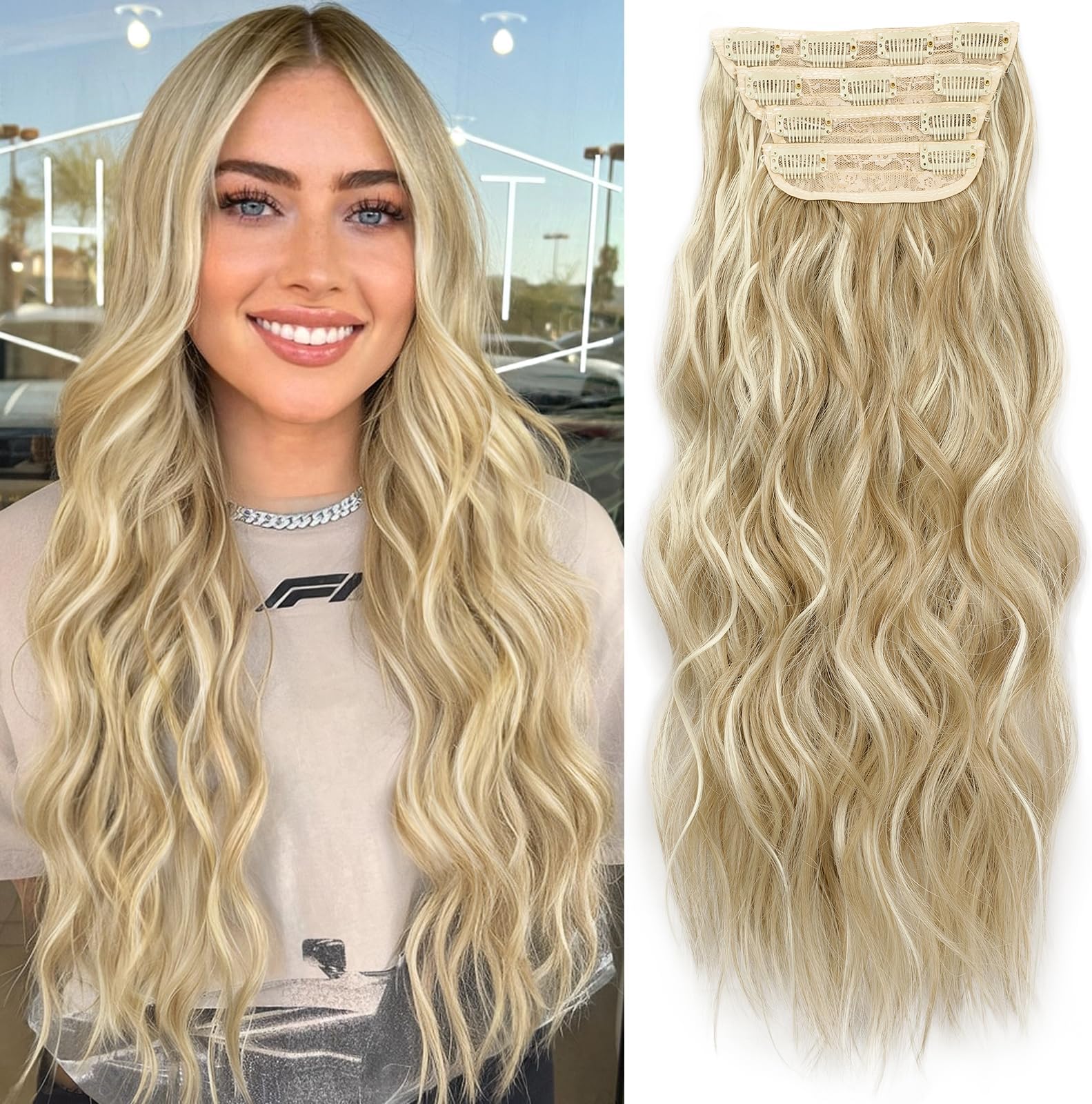 KooKaStyle Beach Blonde Hair Extensions Clip in Synthetic Highlight Hair Extensions Long Wavy 4PCS Thick Hairpieces 20 Inch for Women