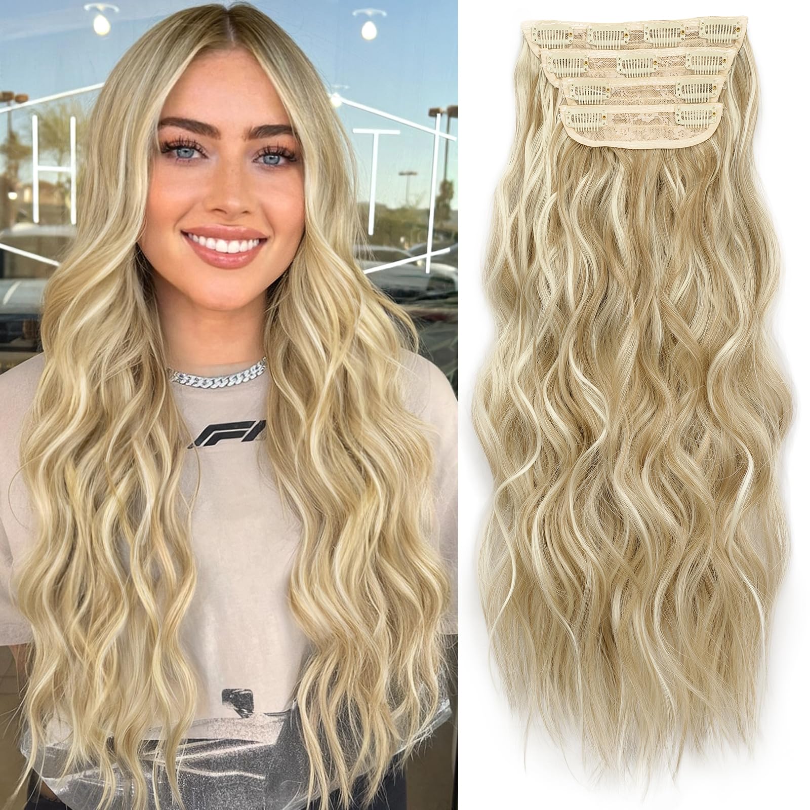 KooKaStyle Beach Blonde Hair Extensions Clip in Synthetic Highlight Hair Extensions Long Wavy 4PCS Thick Hairpieces 20 Inch for Women