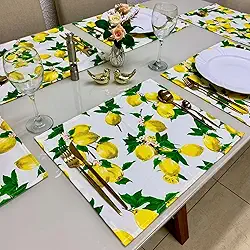 Jogo Americano Retangular 4 Lugares - Tecido - Mesa Posta (Limão Branco)