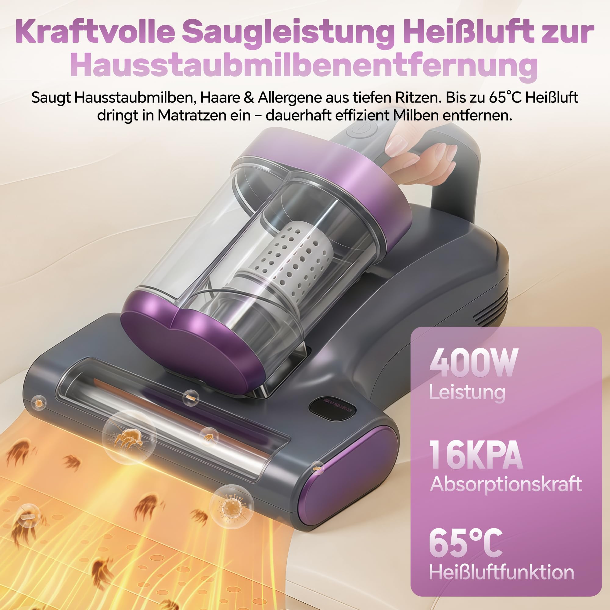 UV-C Milbensauger: Entfernt Milben & Allergene für Allergiker | 65℃ Heißluft, 3-in-1 Matratzensauger 400W, 16000Pa Saugkraft, 12.000 Schläge/min, 5m Kabel, 350ml Staubbecher