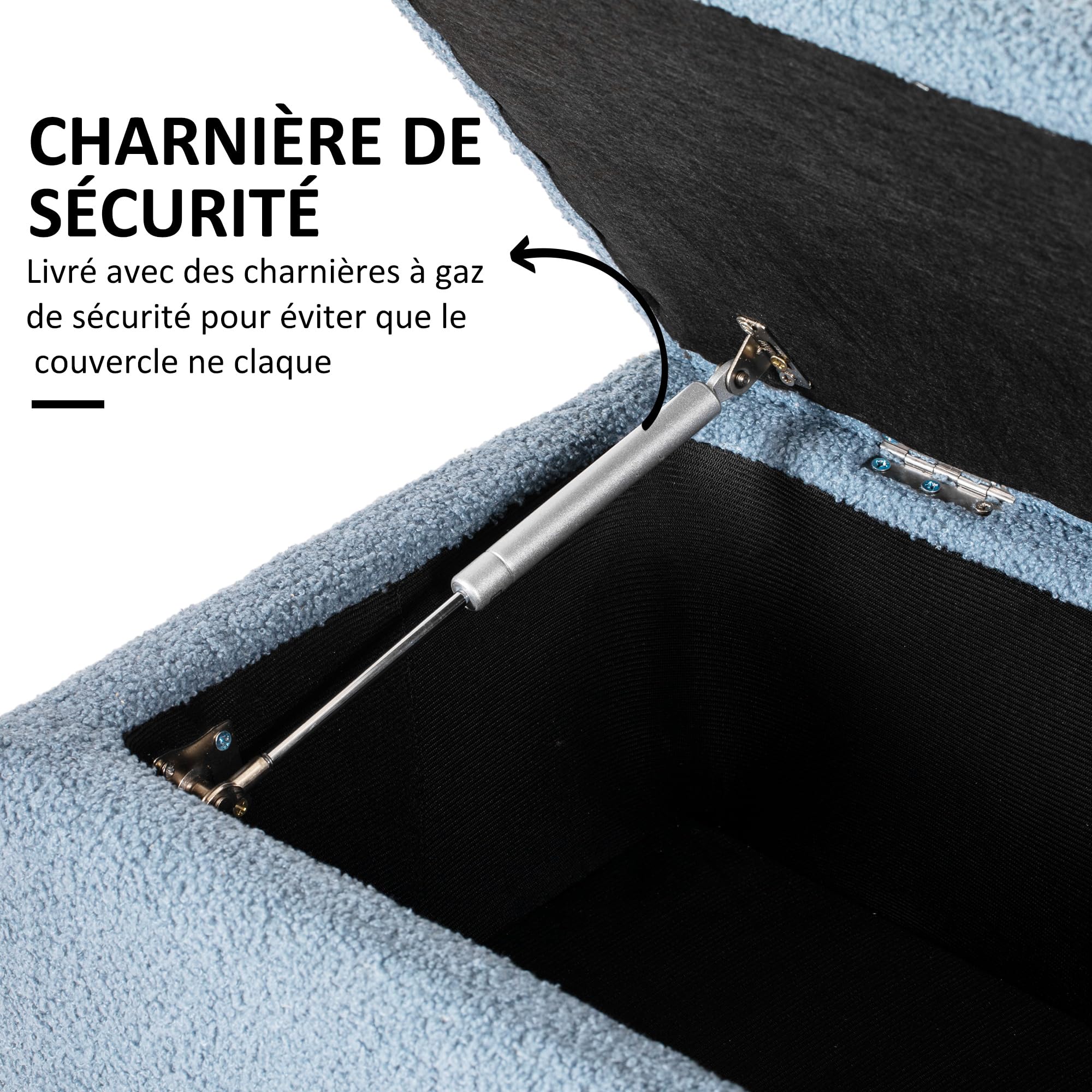 HOMCOM Banc de Rangement Tabouret Repose-Pieds 95 x 38 x 45 cm Bleu | Coffre de rangement, Surface en Tissu Effet Laine Boucleé, Pieds en Bois d'Hévéa, pour Salon Chambre Entrée
