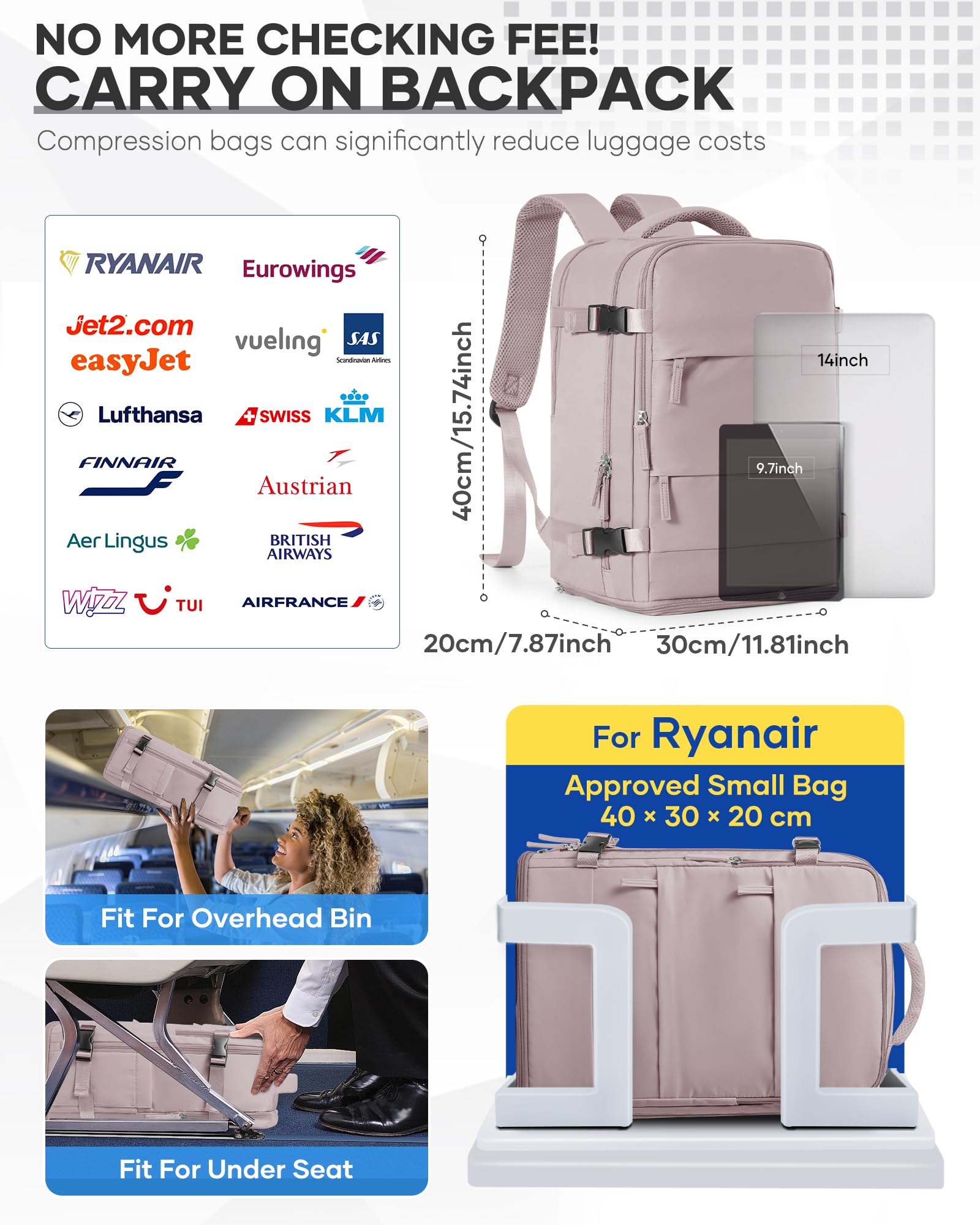 SZSYCN Zaino da Viaggio Aereo Cabina Ryanair 40x30x20 Wizzair Borse da Cabina per Ryanair 40x20x25 Bagaglio a Mano Easyjet 45x36x20 Zaino Multitasche Uomo Casual Borsa per Computer Portatile