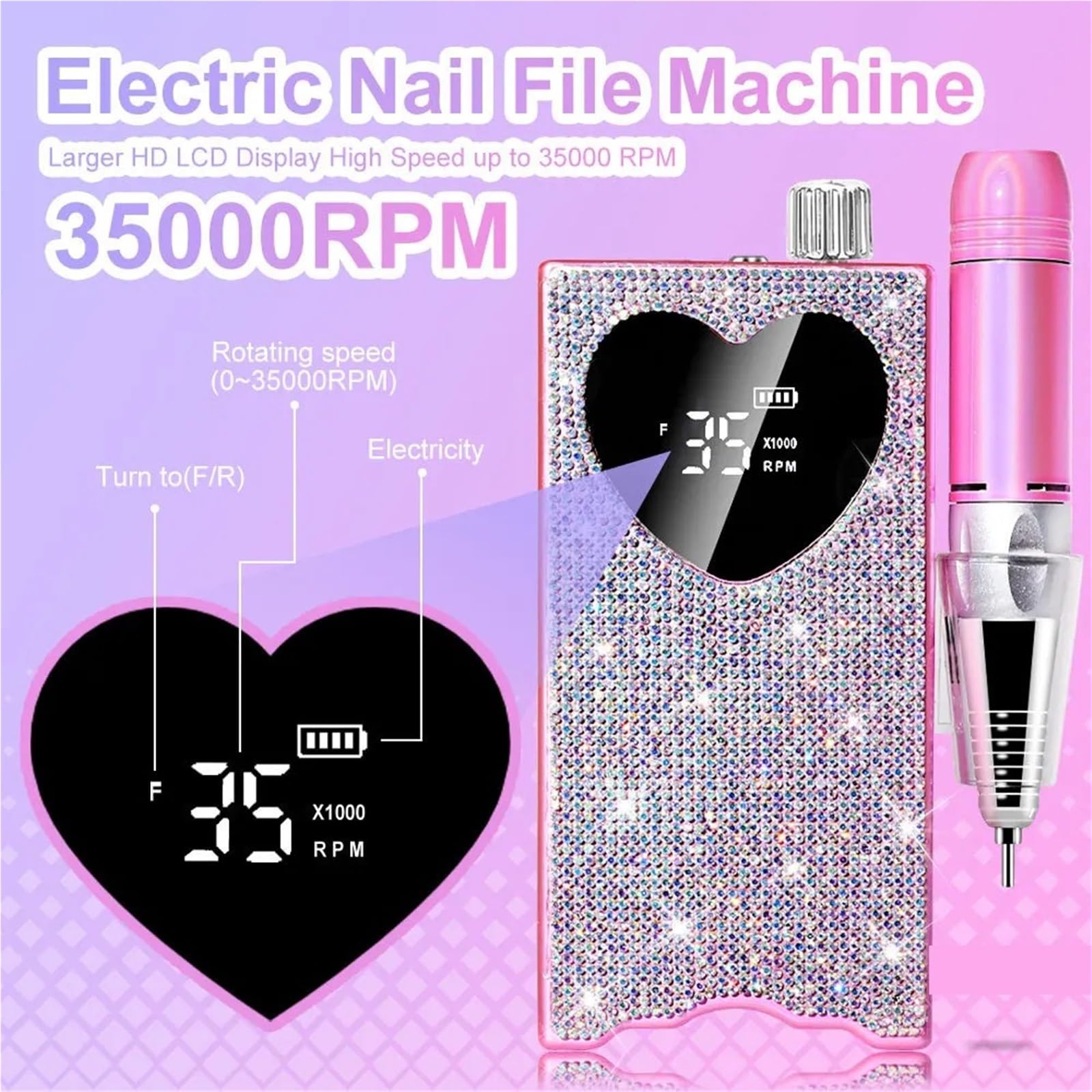 Lampa LED do paznokci, Akumulatorowa lampa UV LED do paznokci o mocy 96 W i frezarka z diamentowym wzorem w kształcie serca polerowania suszenia manicure(UV Lamp)
