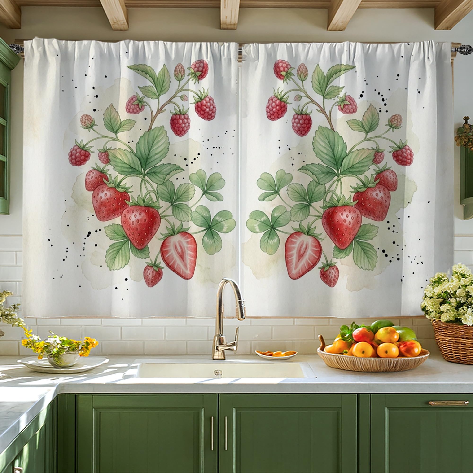 Rideaux rustiques à motif de fraises pour une cuisine chaleureuse 106x114 cm