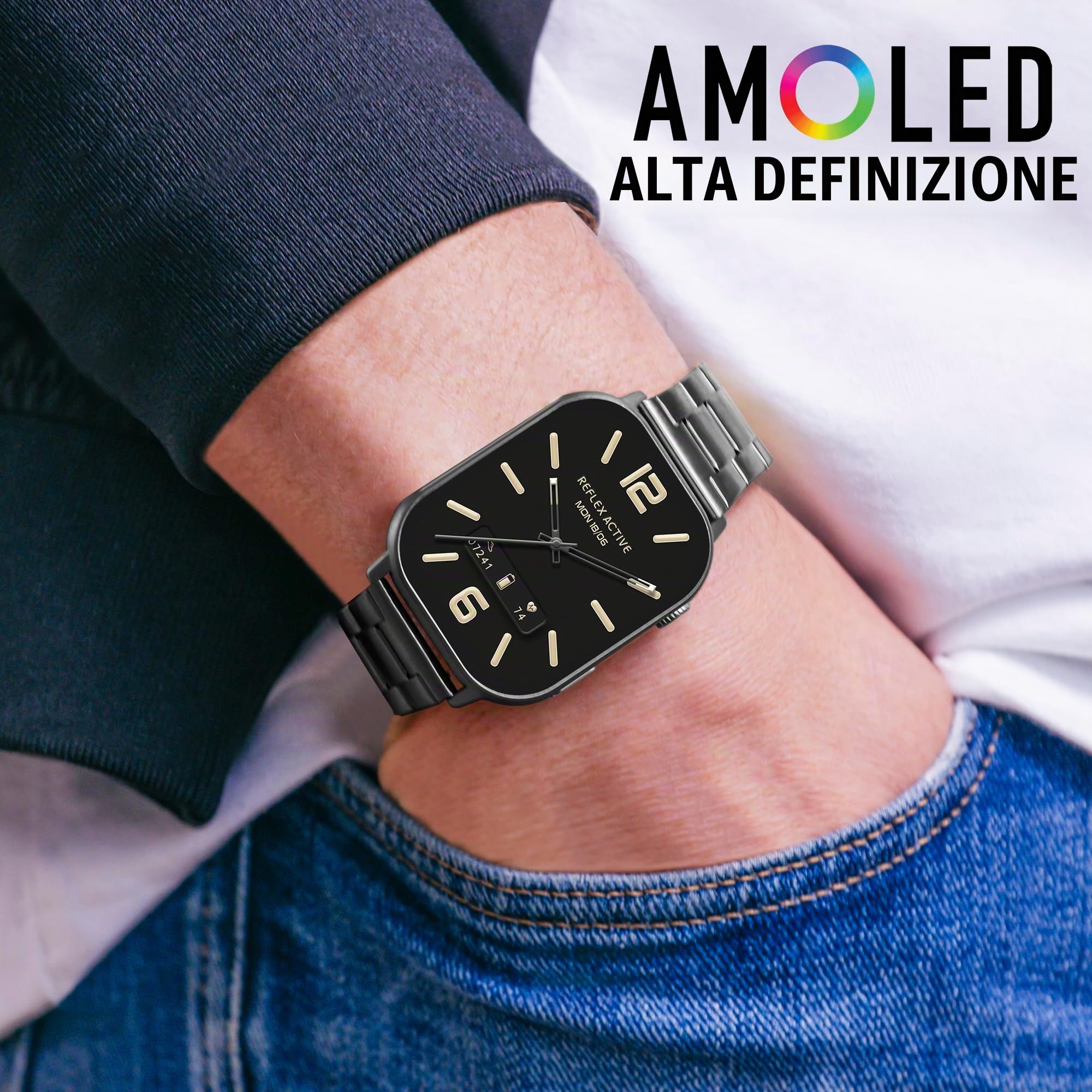 Reflex Active AMOLED Serie 29 Smartwatch da uomo con touch screen da 5,2 cm, cardiofrequenzimetro, misurazione dell'ossigeno nel sangue, impermeabile IP68, fitness tracker per iOS, Android