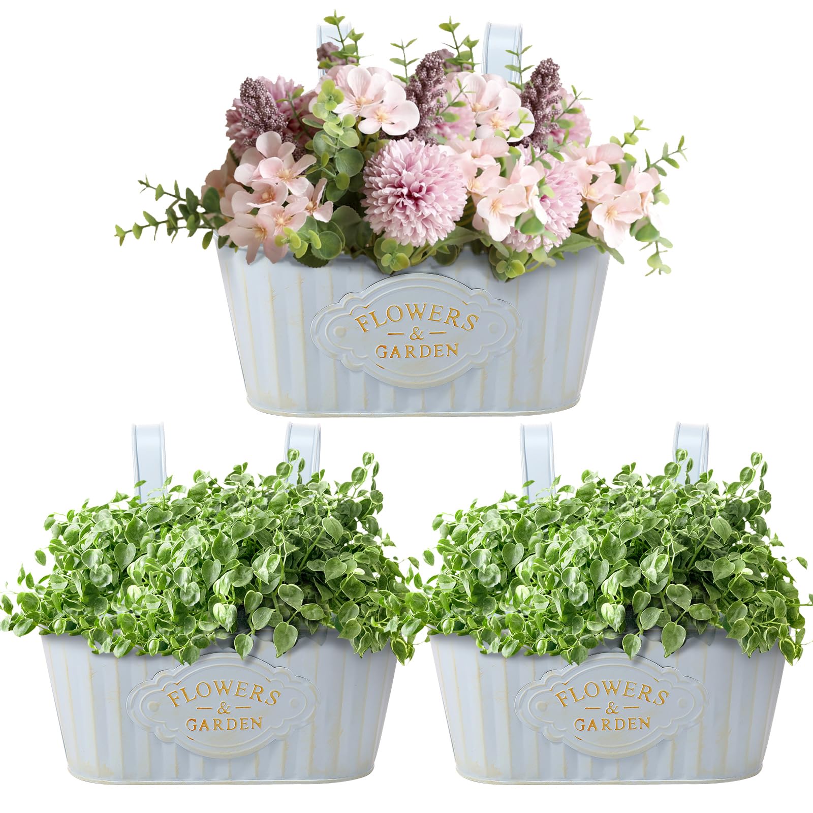 3Pcs Over Fence Flower Pots Vintage Metal Iron Hanging Baskets Outdoor Balcony Planter for Railing, Decorative Oval Rustic Hanging Fence Planter for Garden Porch Balcony Patio Railing Deck (blue)