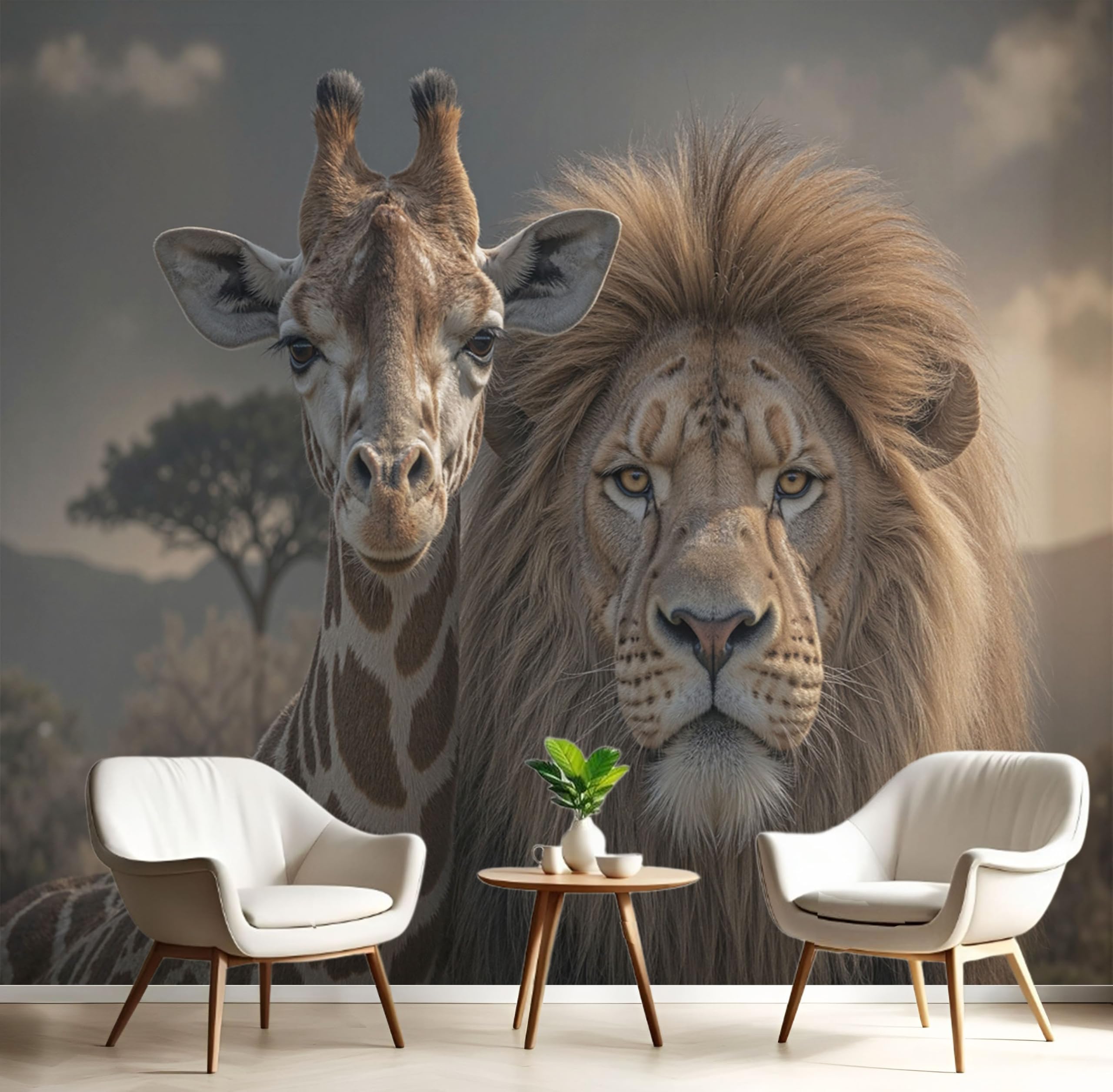 Décoration murale animaux des prairies papier peint panoramique girafe lion salon 300x210