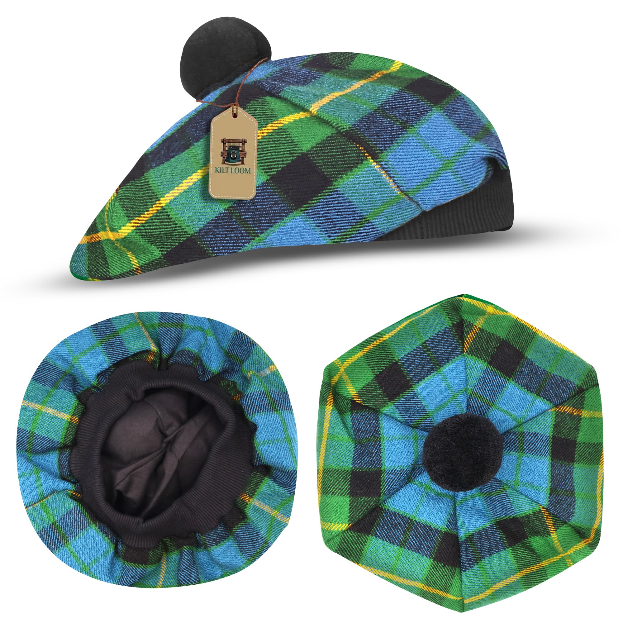 Tam O Shanter Scottish Hat, Tartan Bonnet with Pom Pom, Traditional Highland Beret, Kilt Dress Hat (UK, Alpha, One Size, Gunn Ancient)