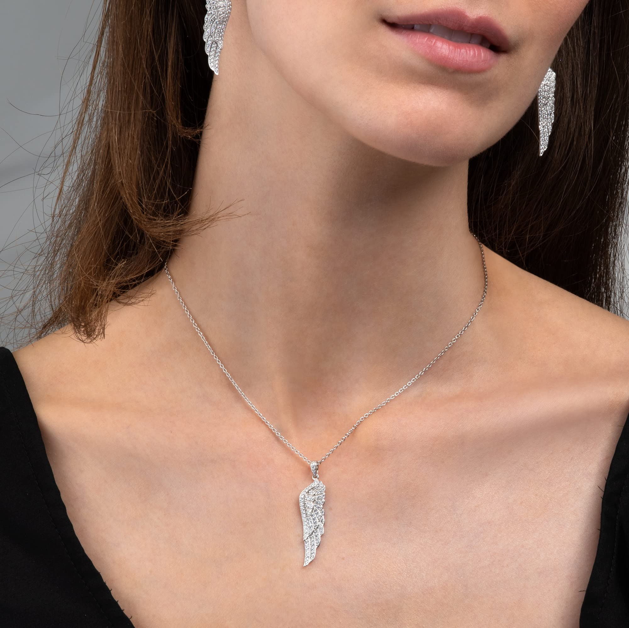 namana Collana in Argento Sterling 925 con Ciondolo a Forma di Ali d'Angelo, Collana Donna con Pietre Bianchi o Neri, Collana per Donna e Ragazza con Ciondolo a Forma di Ala d'Angelo
