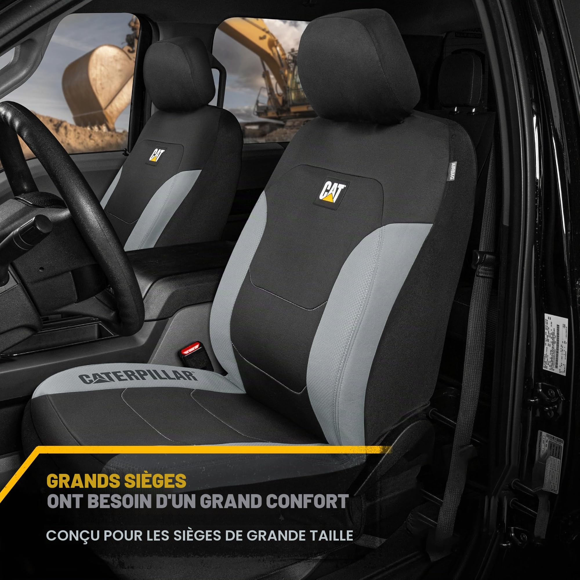 CAT erpillar Flexfit Lot de 2 housses de siège auto pour voiture, camion et SUV – Housses de siège noires pour sièges avant, protection de siège avec bordure en nid d'abeille gris, housses intérieures