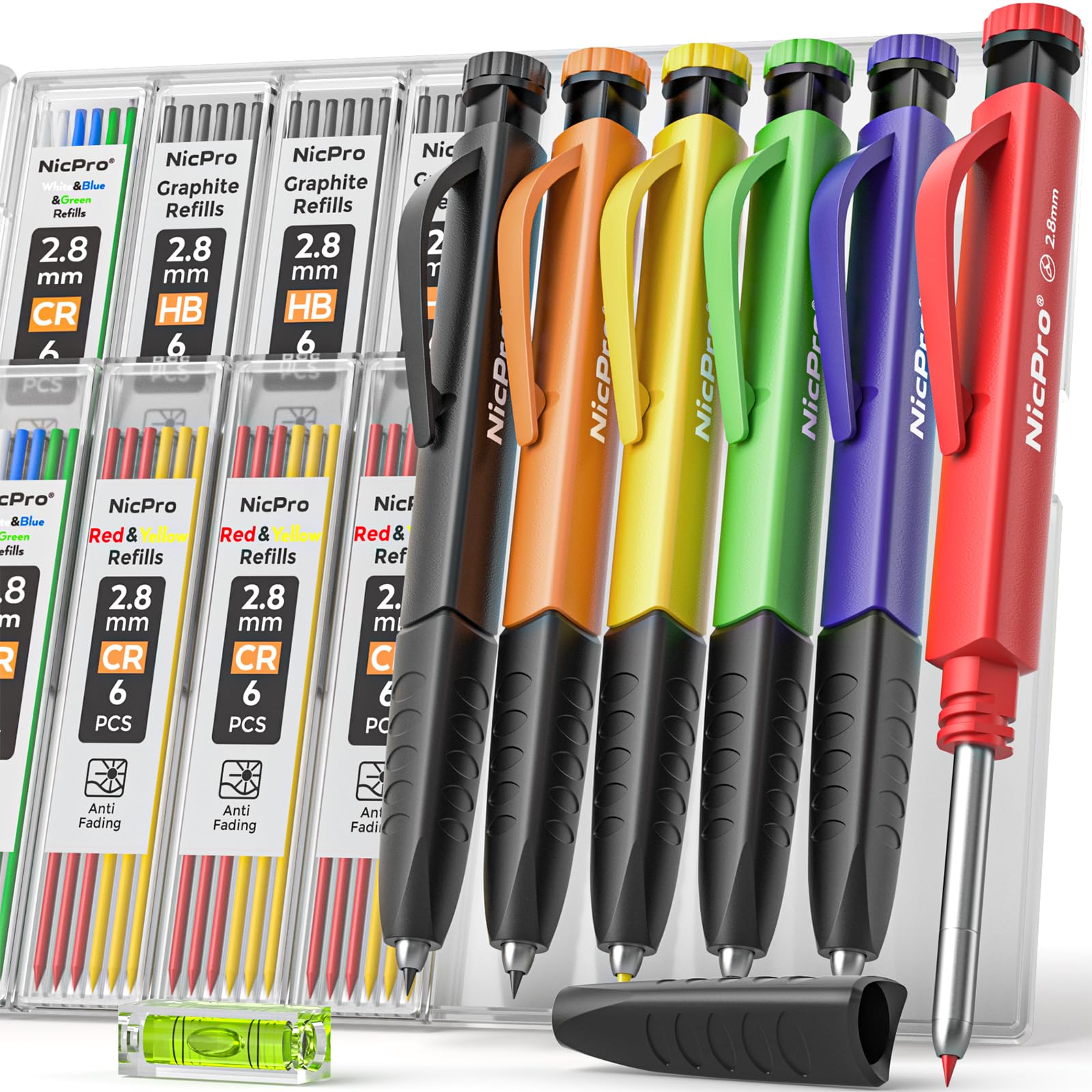 Nicpro 6 Pack Upgraded 3-IN-1 Carpenter Pencil Set including Finger Grip