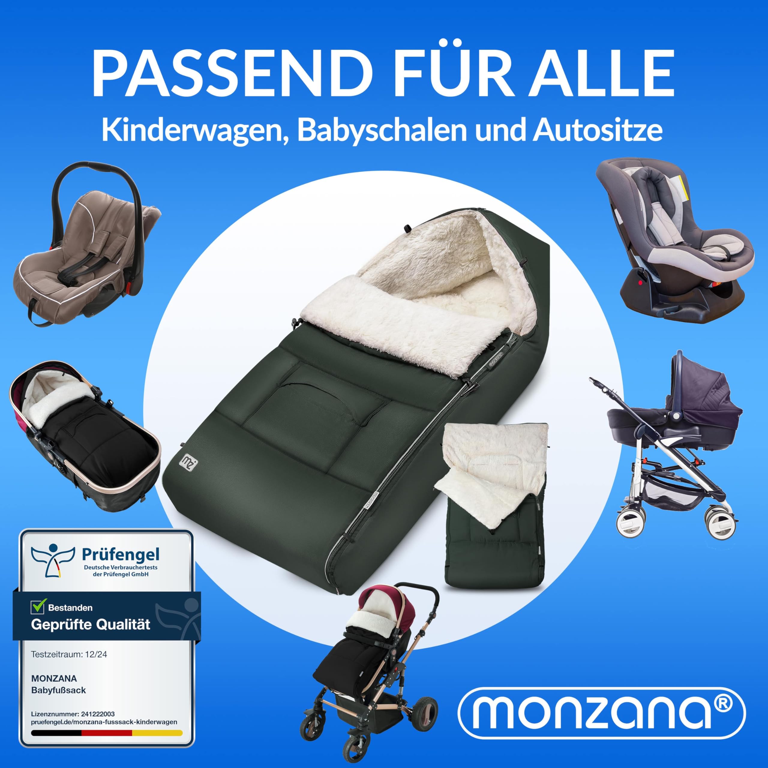 MONZANA® Fußsack für Kinderwagen Baby Winter mit Handwärmer Reflektoren Reißverschluss Buggy Waschbar Babyschale Schlafsack Kuschelig Dunkelgrün