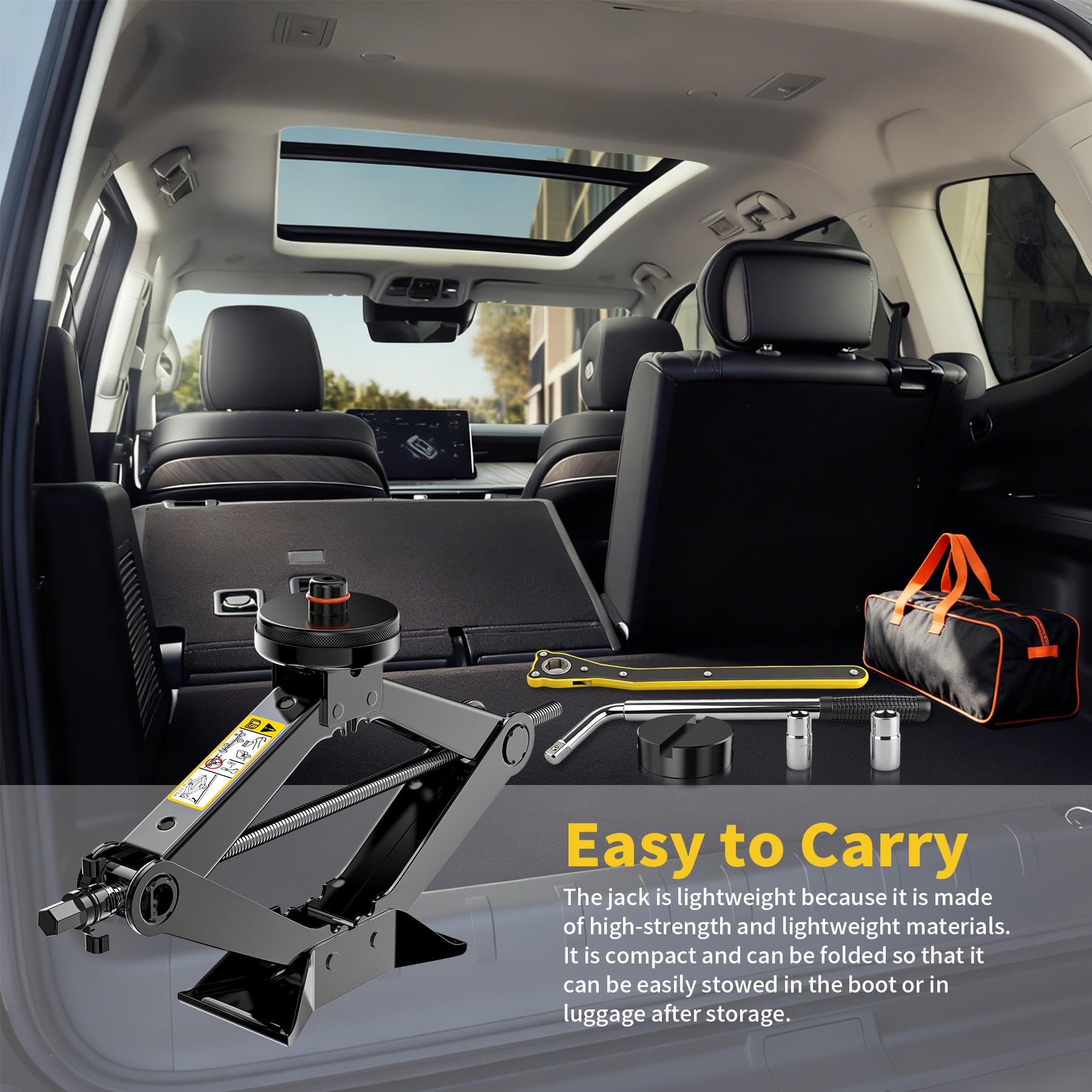 Cric per Auto Ispessito 1.5T, Kit Completo Include Chiave a Cricchetto Leva Telescopica per Pneumatici e 2 Cuscinetti in Gomma, Crick Auto per Cambio Gomme di Emergenza Portatile per SUV