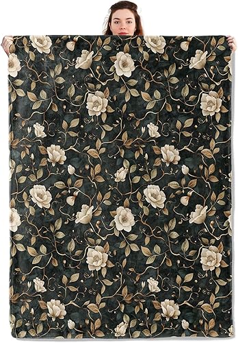 Manta floral vintage, ligera, regalos para mujer, manta de franela con flores beige y vid dorada sobre fondo oscuro impreso para sofá, cama, viajes,