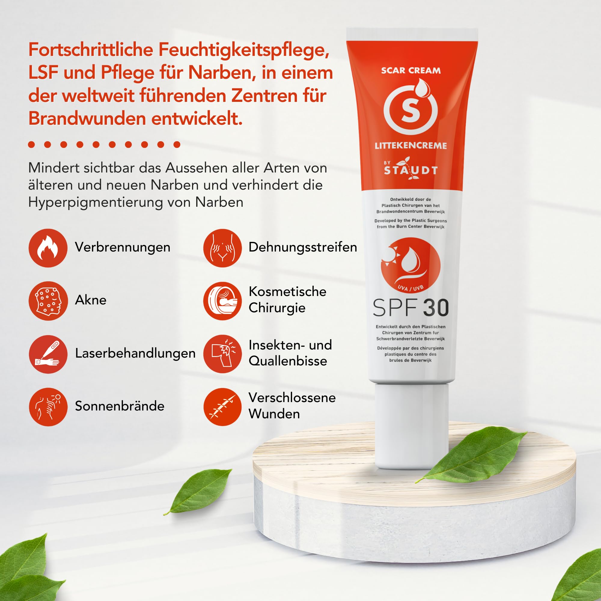 Staudt Narbensalbe SPF30 - Fortgeschrittene Silikon-Gel-Creme für Chirurgische & Alte Narben - Hydratisierende Wund- und Heilsalbe mit Honig & Jojoba - UV-Schutz & Hautbarriere-Reparatur - 40ml