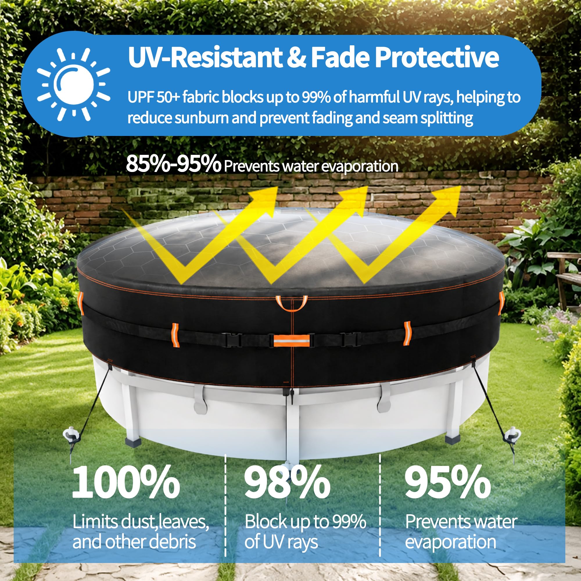Cubierta redonda 500D para piscinas sobre el suelo, cubierta de piscina resistente al desgarro de uso intensivo con cordón, correa reforzada y clavijas de suelo, protección UV resistente al