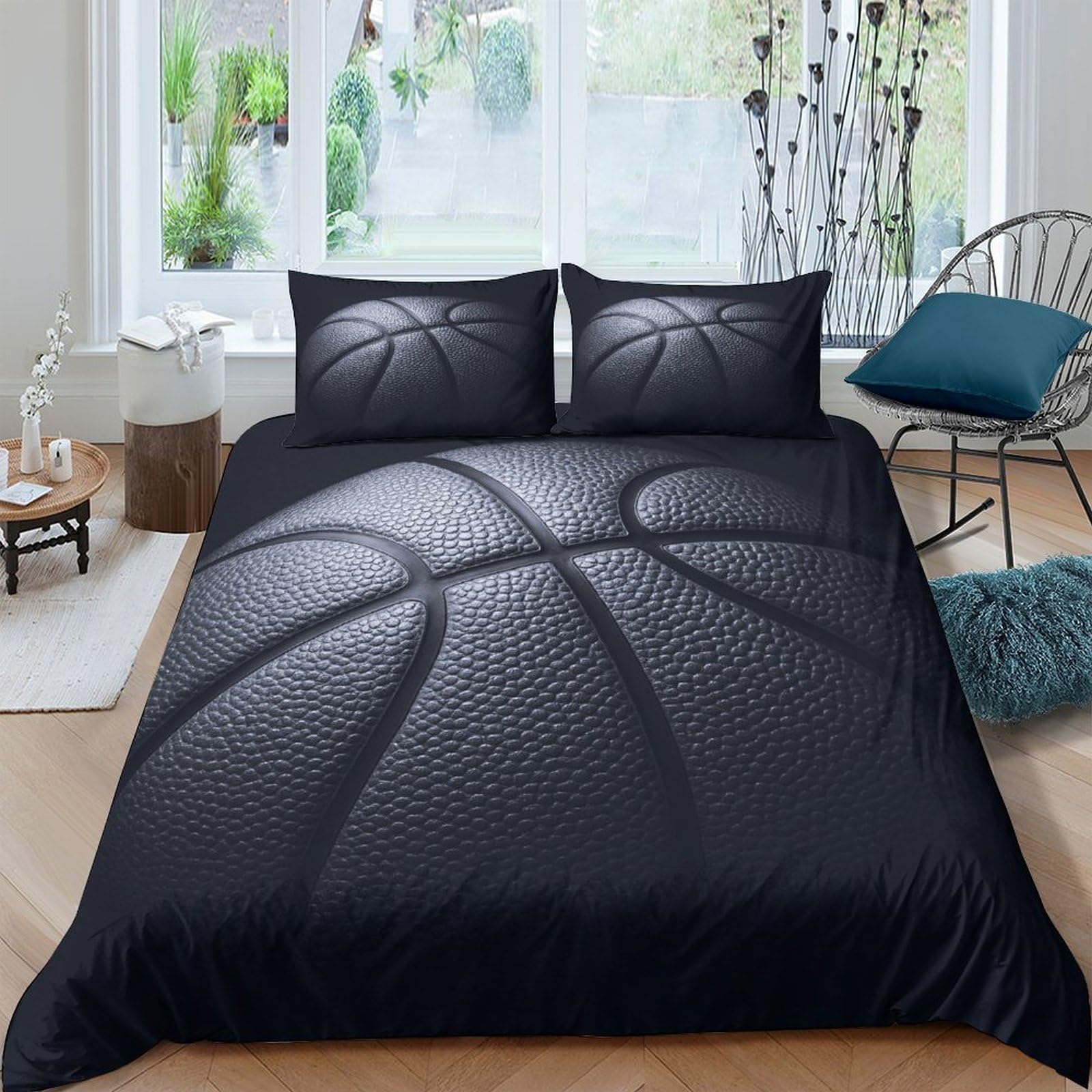 TUFRTGYHN 3D Printed Basketball Pattern Duvet Cover Set Microfiber Soft Bedding Black Quilt Cover with 2 Pillowcases for Bedroom Home Single（135x200cm）