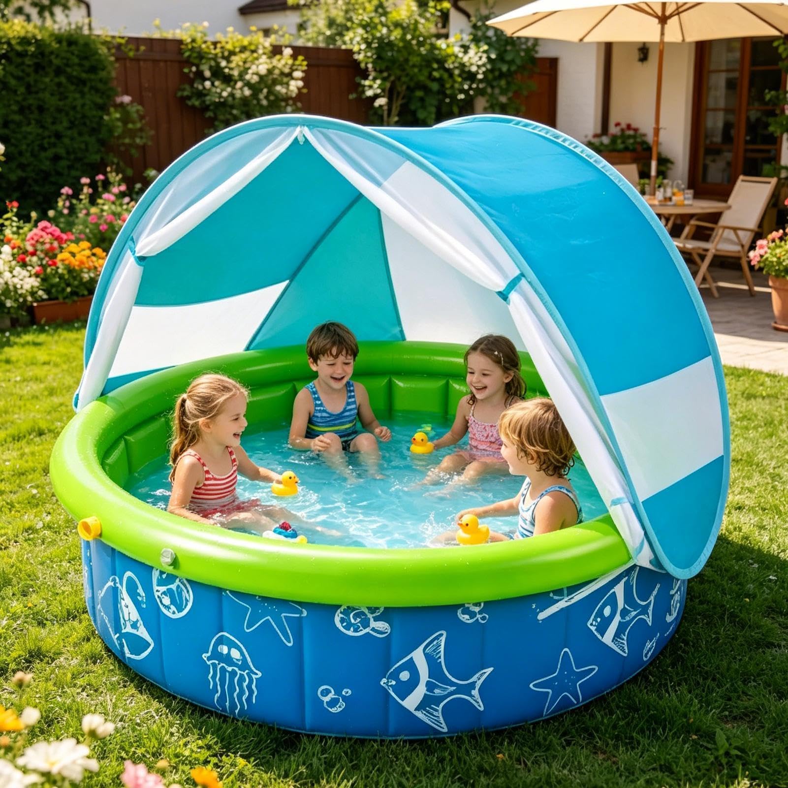 Piscina Gonfiabile per Bambini Giocattolo Pieghevole Con Tettuccio Parasole | Piscina Da Nuoto Per Esterno Cortile Patio Spiaggia E Viaggio