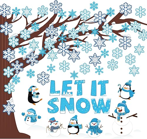 94 piezas de decoración de tablón de anuncios de árbol de aula, copo de nieve de invierno, Let it Snow, decoración de aula, copo de nieve, muñeco de