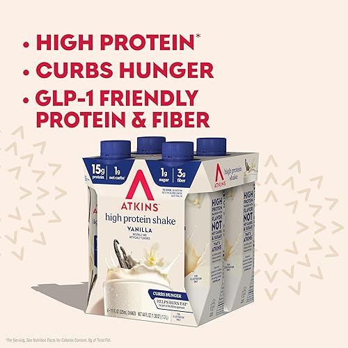 Miniatura 5 de Atkins Batido cremoso de vainilla alto en proteínas, 15g de proteína, bajo índice glucémico, bajo en carbohidratos y bajo en azúcar, apto para keto,