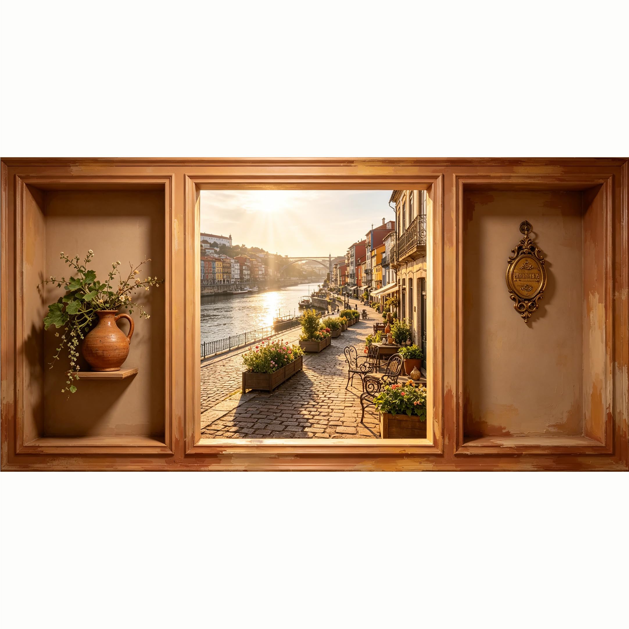 QZLITHOTIC 50x100cm 3D Framed Wall Art， European Riverfront Sunset Townscape Self‑Adhesive Mural， Water‑Activated Peel & Stick Fabric Decor Wall Decal for Bedroom Living Room