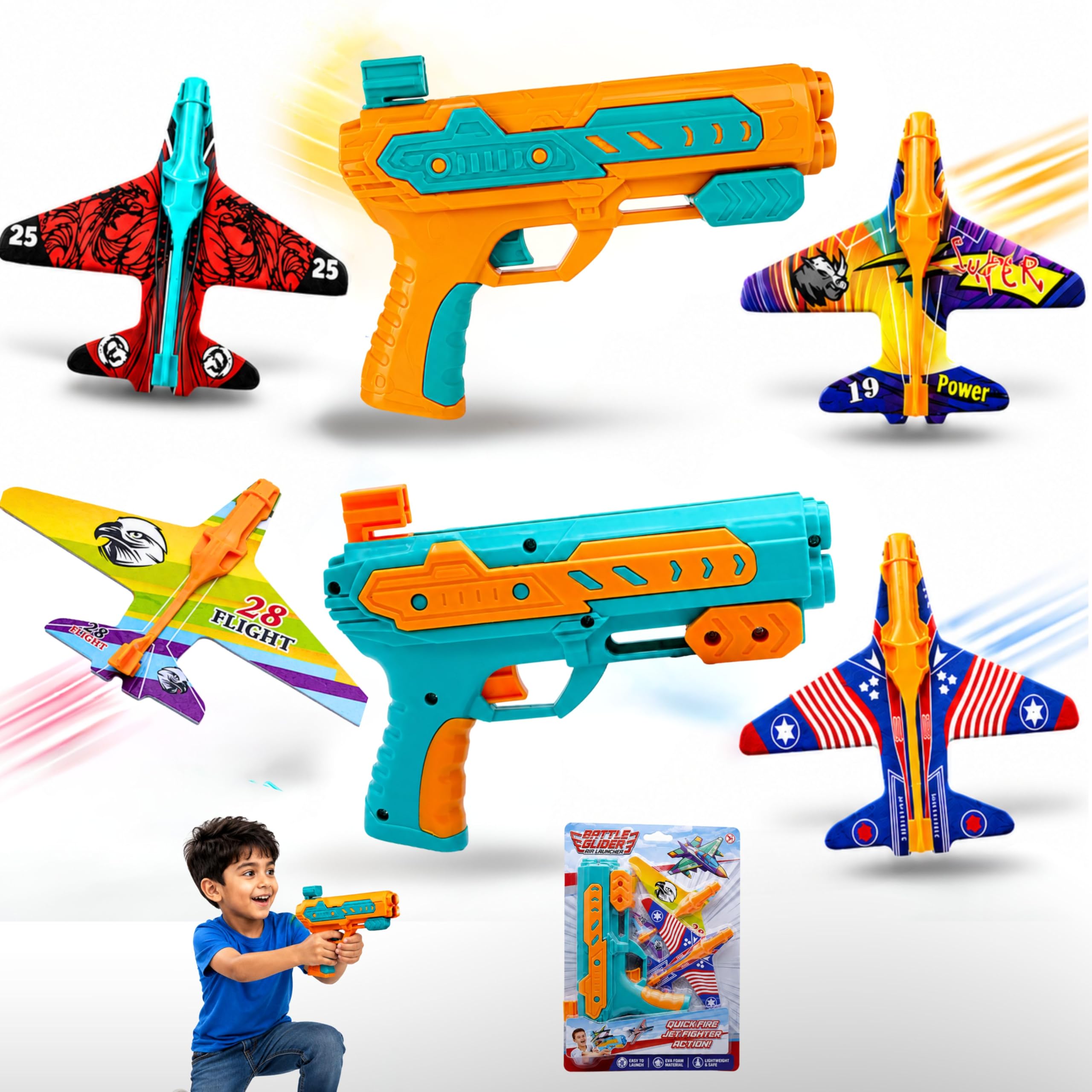 SRV Hub Foam Glider Planes with Catapult Launcher Gun – 6PCs Airplane Shooting Toy for Kids – Outdoor Flying Game for Boys & Girls Age 3-12 – Fun Birthday