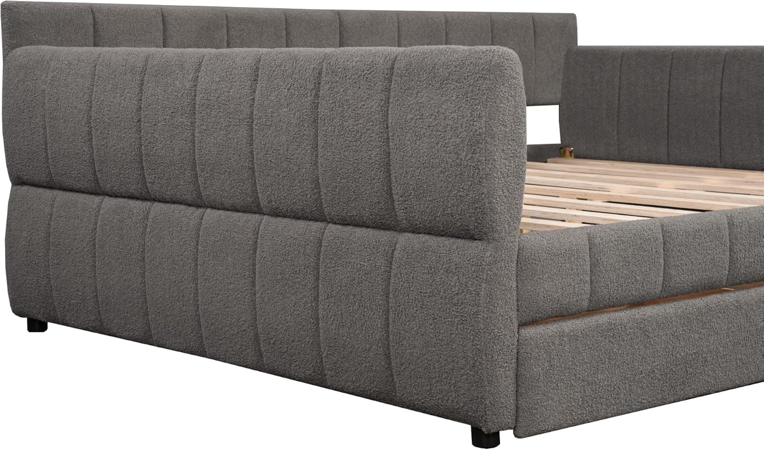 Ball & Cast Queen Size Daybed with Storage Drawers and USB Port,Upholstered Day Bed Frame with Channel Tufted Backrest and Armrest, Boucle Fabric,No Box Spring Needed,Gray