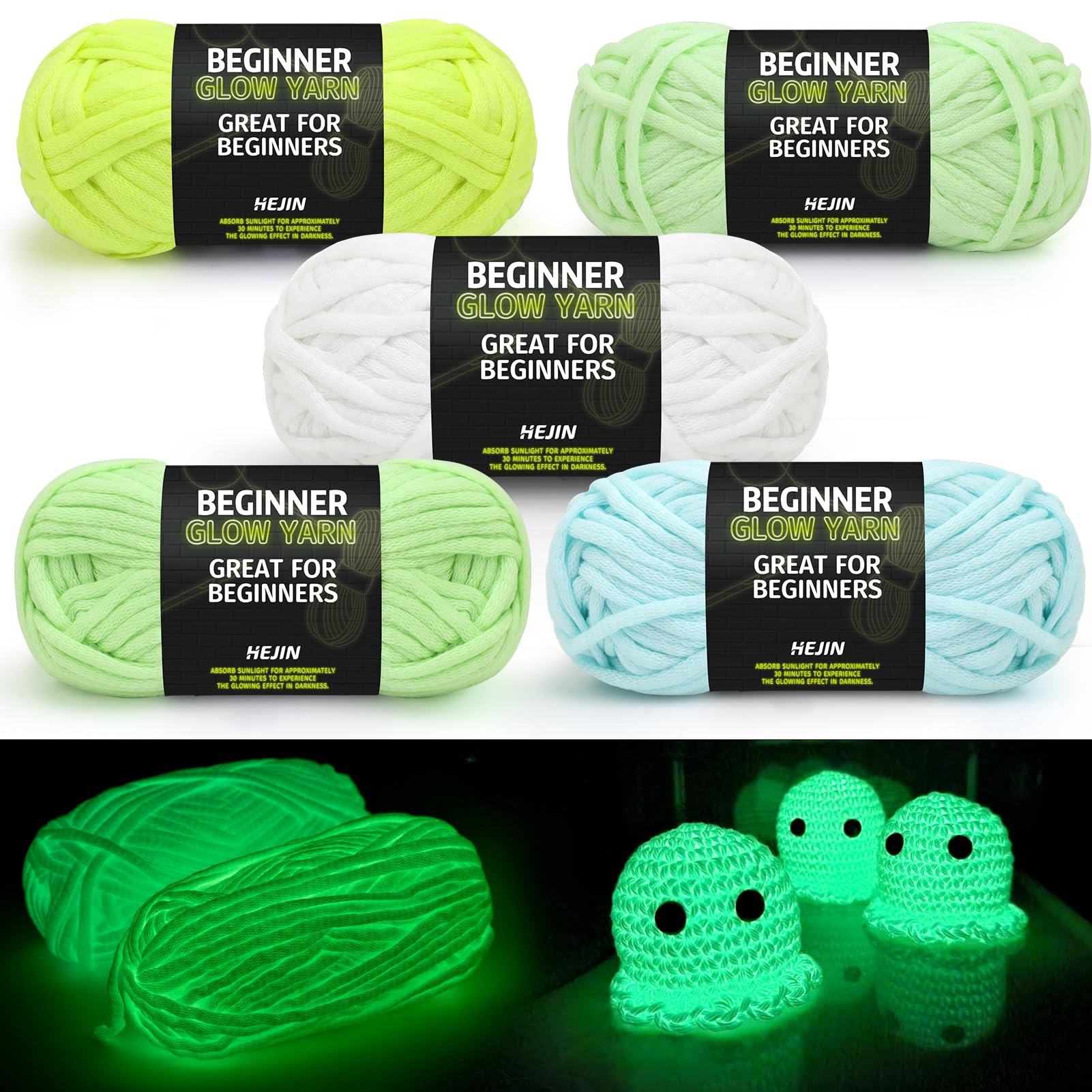5x50g Glow in The Dark Yarn Set for Crocheting and Knitting; 5x51m (60yds) Yarn for Beginners with Easy-to-See Stitches; Worsted-Weight Medium #4; Beginners Crochet Kit
