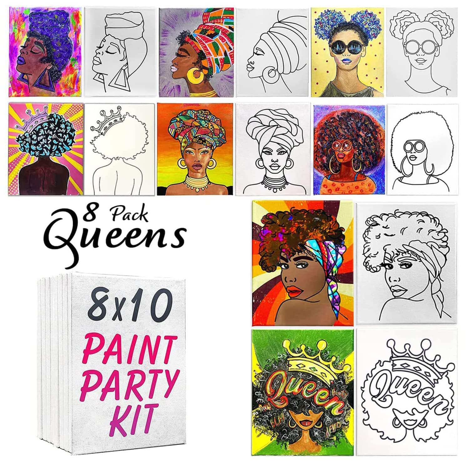 INDIGO 8 PACK 8x10 AFRO QUEEN PAINT PARTY SET | ALL QUEENS | Retro Coloring Painting | Pre Drawn Stretched Stenciled Canvas | Birthday Gift | Adult Sip and Party Favor | DIY Virtual Party