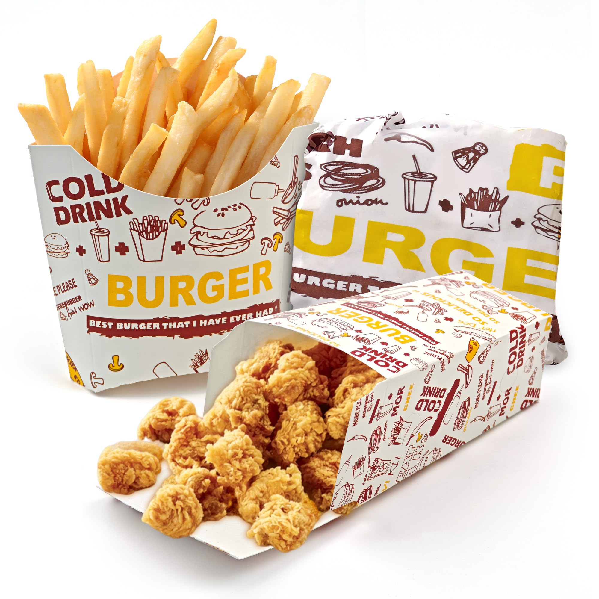 ZSSZD 90PCS Disposable Paper Food Box, French Fry Box Holder, Popcorn Boxes, Greaseproof Paper Sheets Set, Snack Holder Cups, Party Food Tray Movie Night Accessories for Fries, Onion Rings