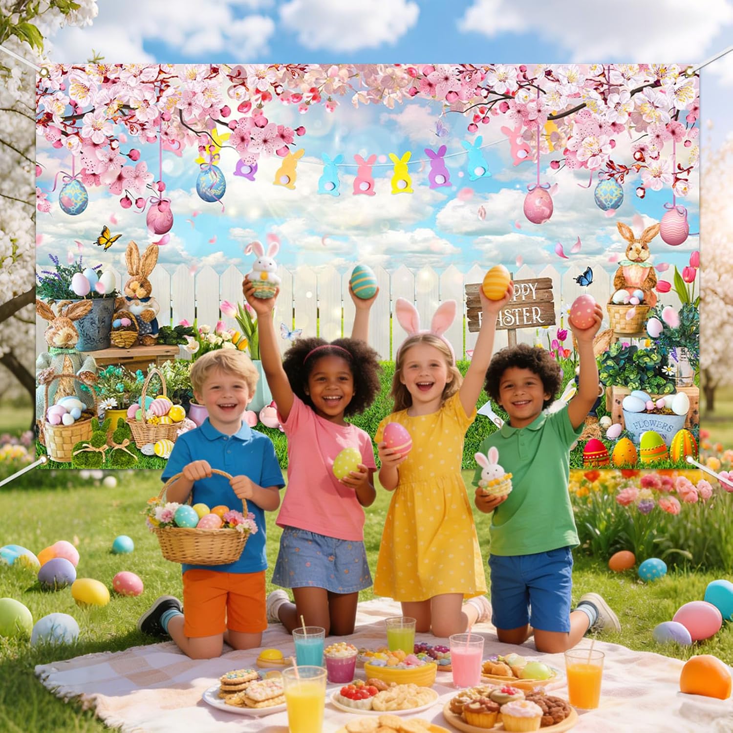 Mocsicka Happy Easter Backdrop Hello Spring Party Decorations Banner Easter Eggs Rabbit Grass for Festival Party Photography Background Supplies (Pink, 70.8 x 43.3 Inch)