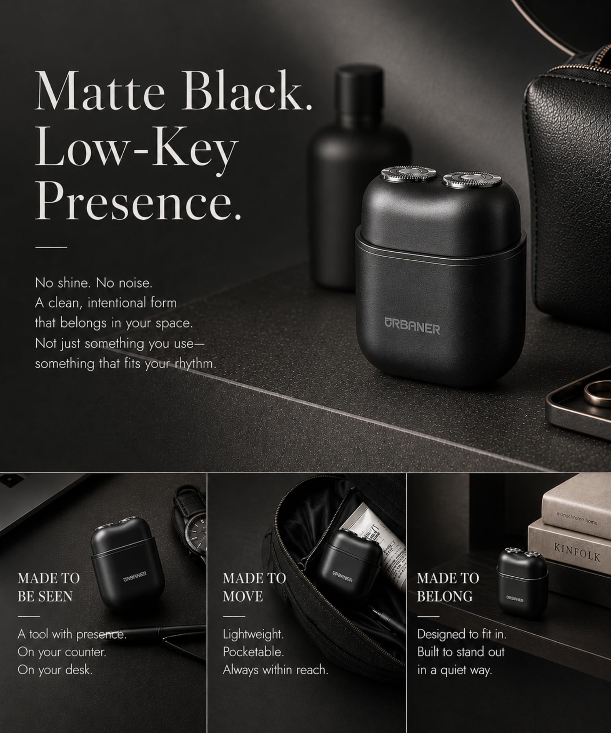 URBANER Mini rasoio, rasoio portatile da uomo, rasoio da viaggio da uomo, mini rasoio elettrico, doppia testa rotante, testa magnetica, impermeabile IPX6, ricaricabile USB-C, 85 g, nero opaco