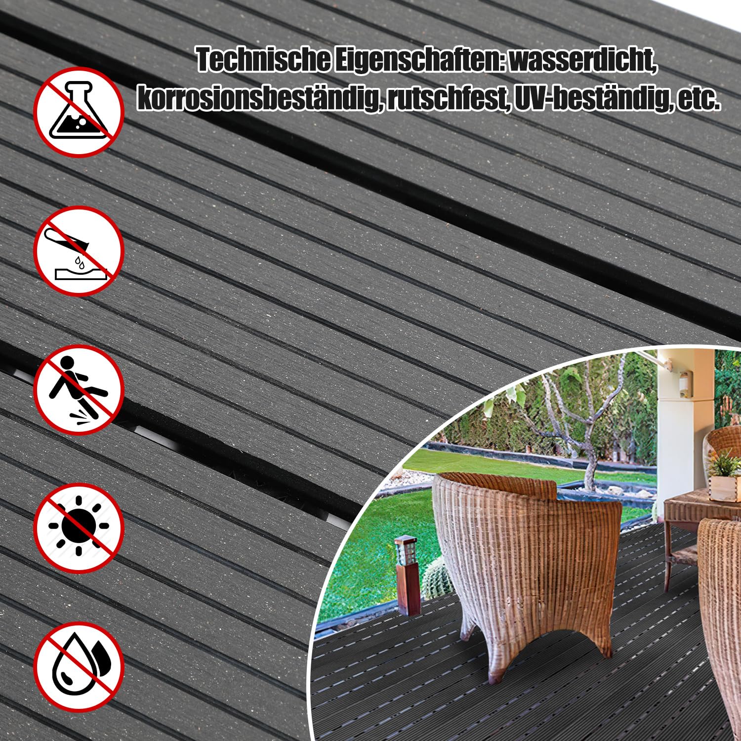 Daromigo WPC Terrassenfliesen 30x60cm 6er Set für 1m² Holzfliesen Balkon Bodenbelag Gartenplatten Terrasse Garten Balkonbodenbeläge, Anthrazit