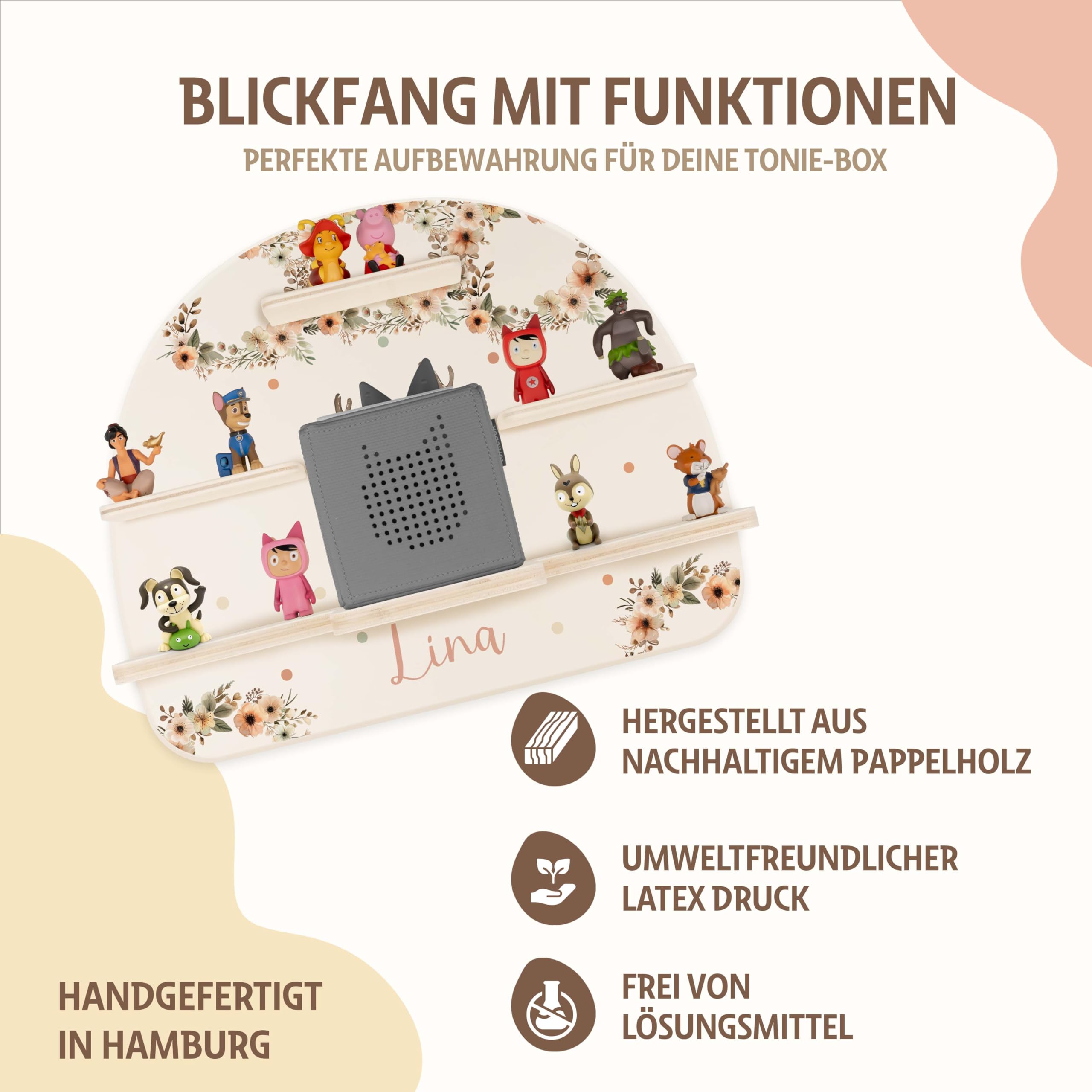 Kidsmood - Tonie Regal mit Namen – Wandregal für Toniebox 1 & Figuren | Abgerundete Ecken & Kanten Inkl. Metallplättchen für Tonie Hörfiguren | Kinderzimmer Regal für Mädchen & Jungen