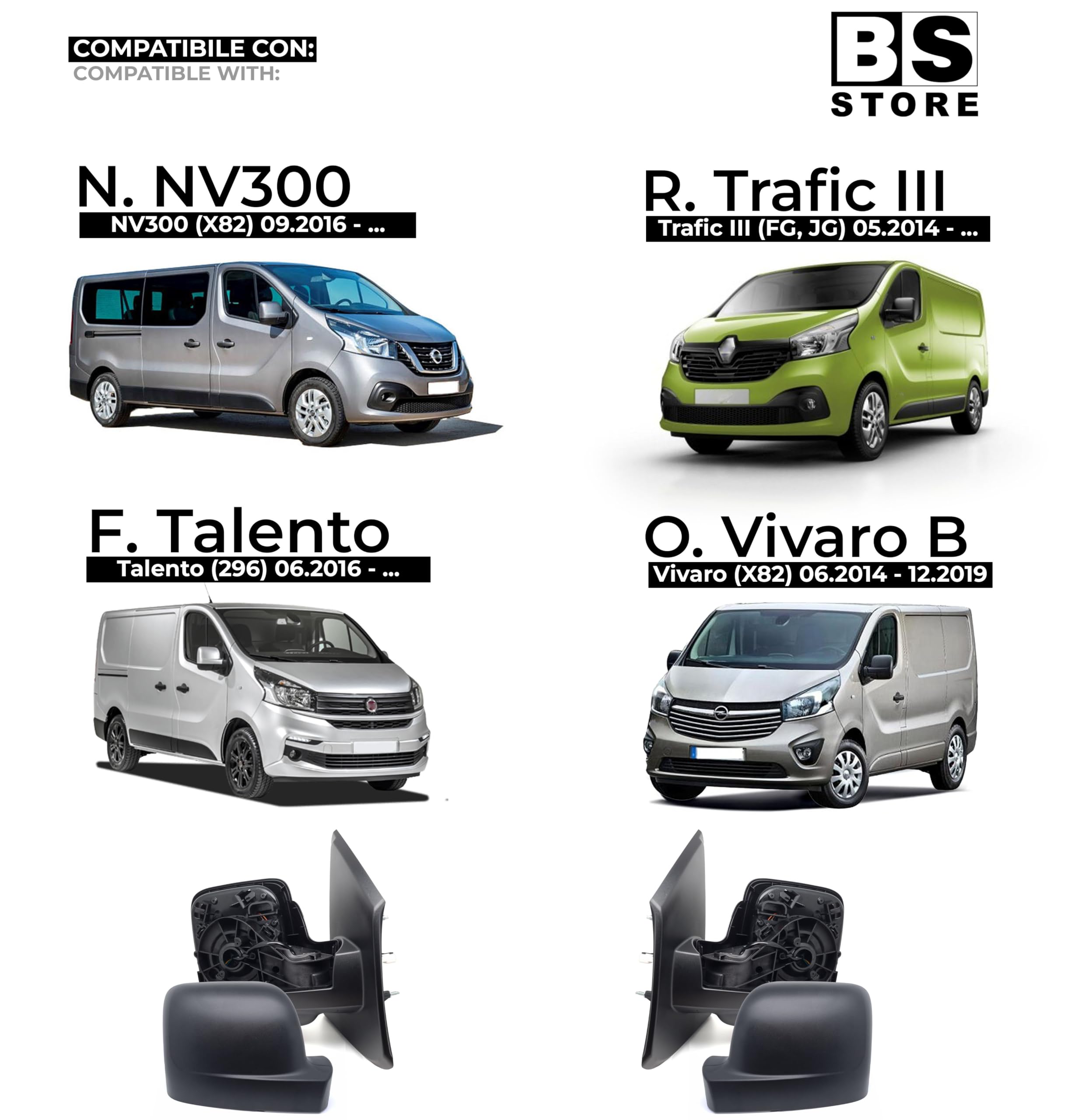 BSSTORE Außenspiegel, schwarz, für Vivaro B, Trafic III ab 2014 | NV300, TALENTO 2016 mit elektrischer Verstellung (rechts - Beifahrerseite)