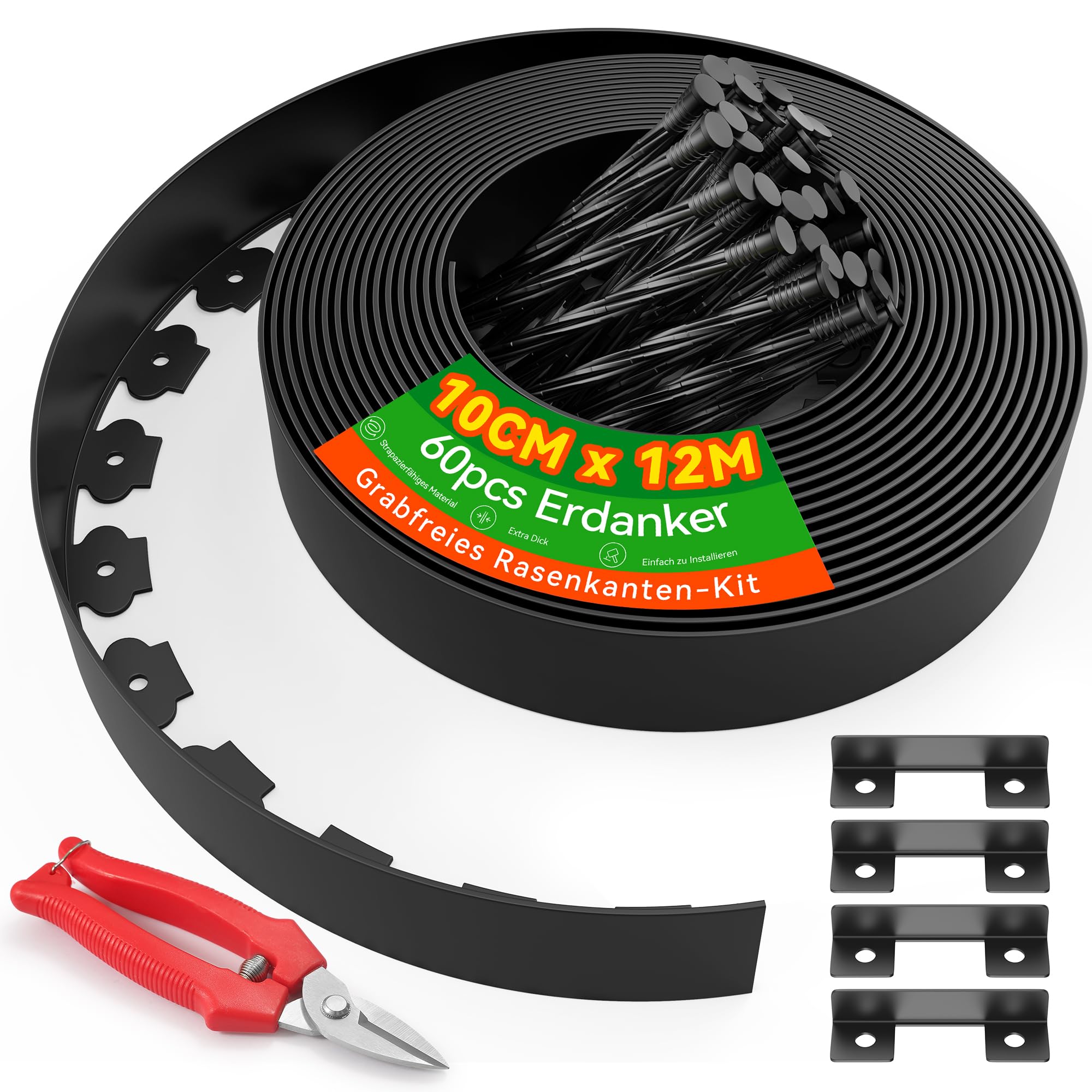 10cm Hoch 12m Kein-Graben Rasenkante mit 60 Stück 20cm Kunststoff Erdanker & 4 Verbindungsstücke – Garten Rasenkanten-Set mit Schere für Landschaftsbau, Rasen, Blumenbeete und Garten